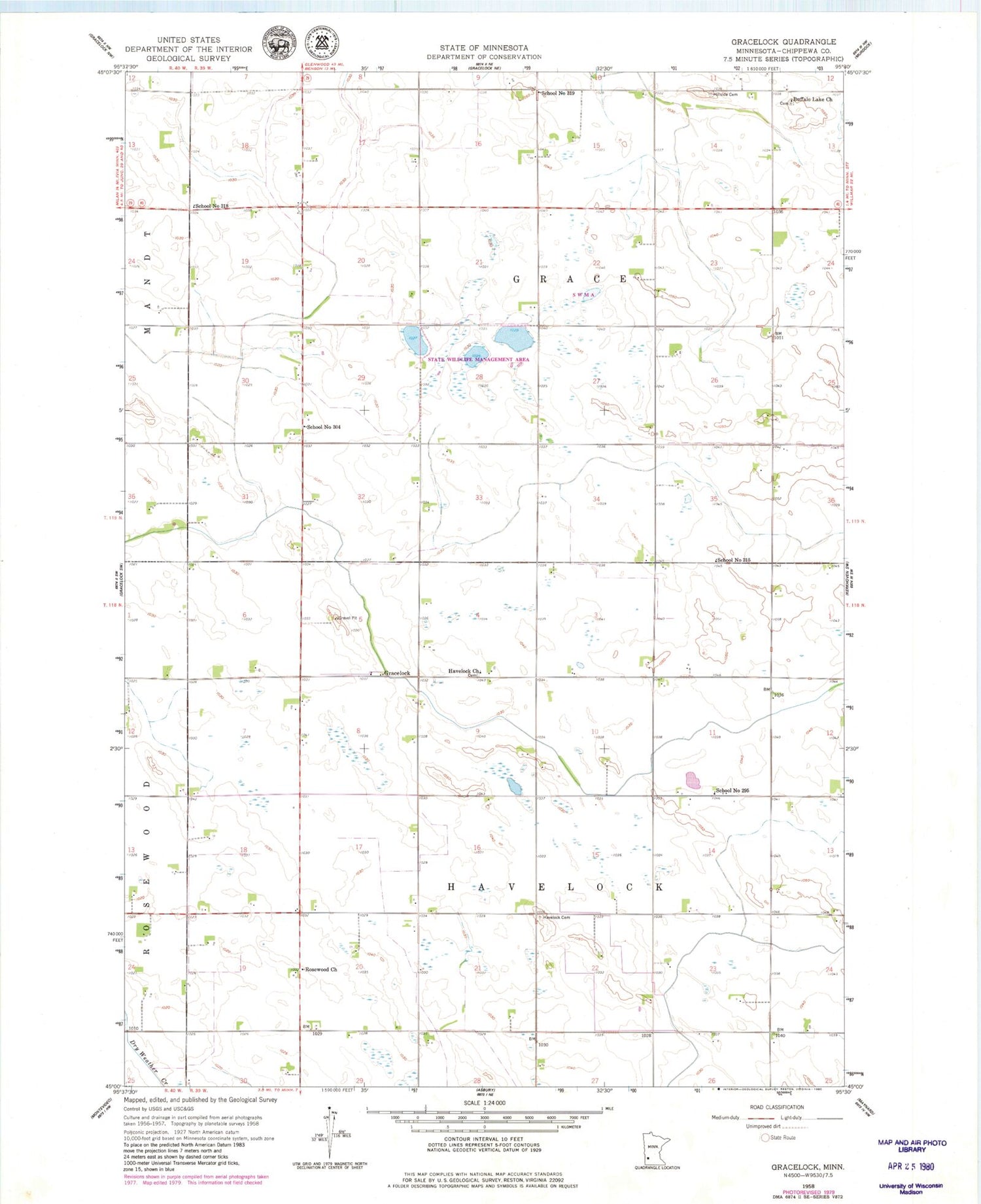 Classic USGS Gracelock Minnesota 7.5'x7.5' Topo Map Image