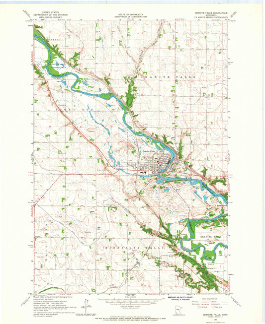 Classic USGS Granite Falls Minnesota 7.5'x7.5' Topo Map Image