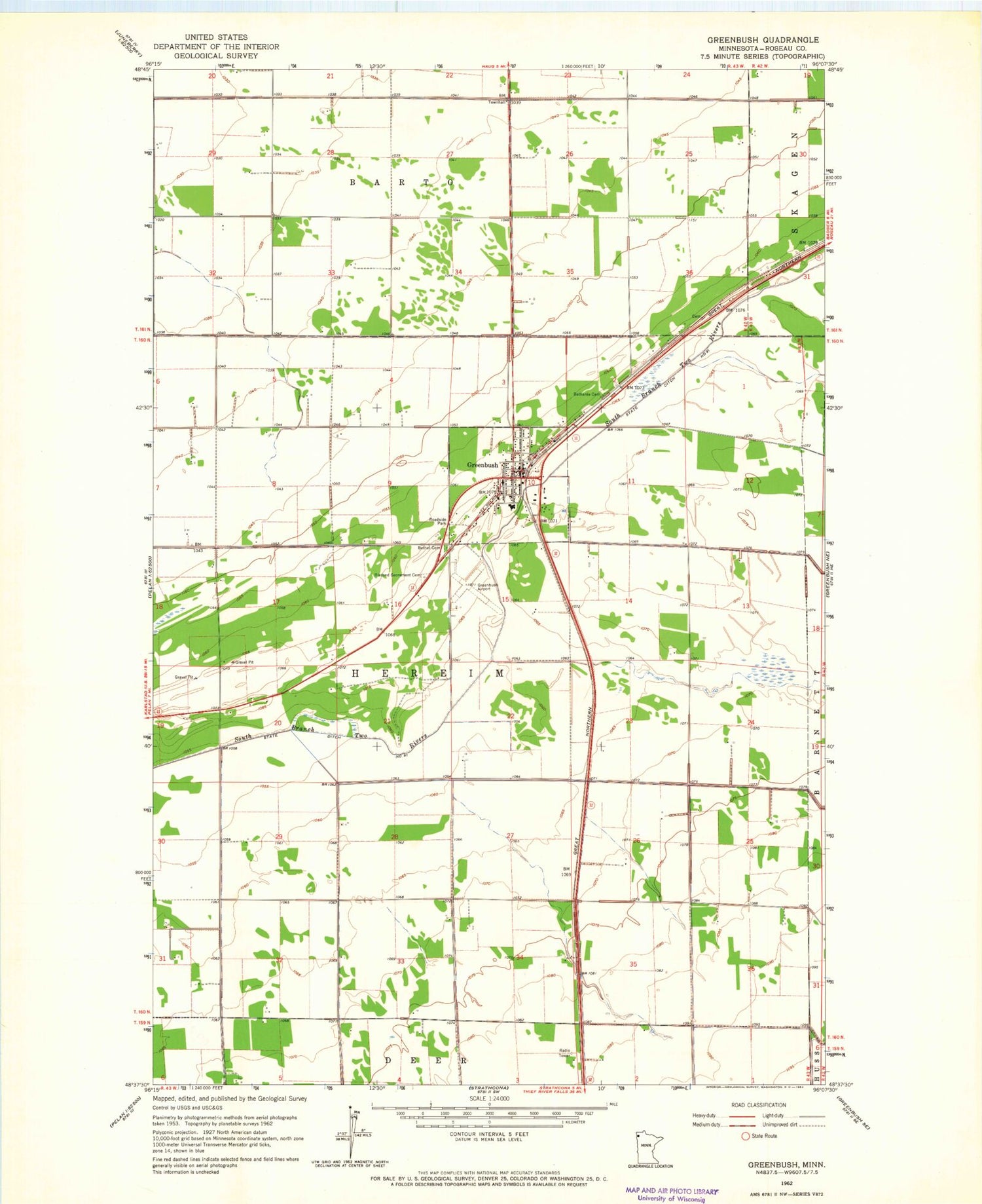 Classic USGS Greenbush Minnesota 7.5'x7.5' Topo Map Image