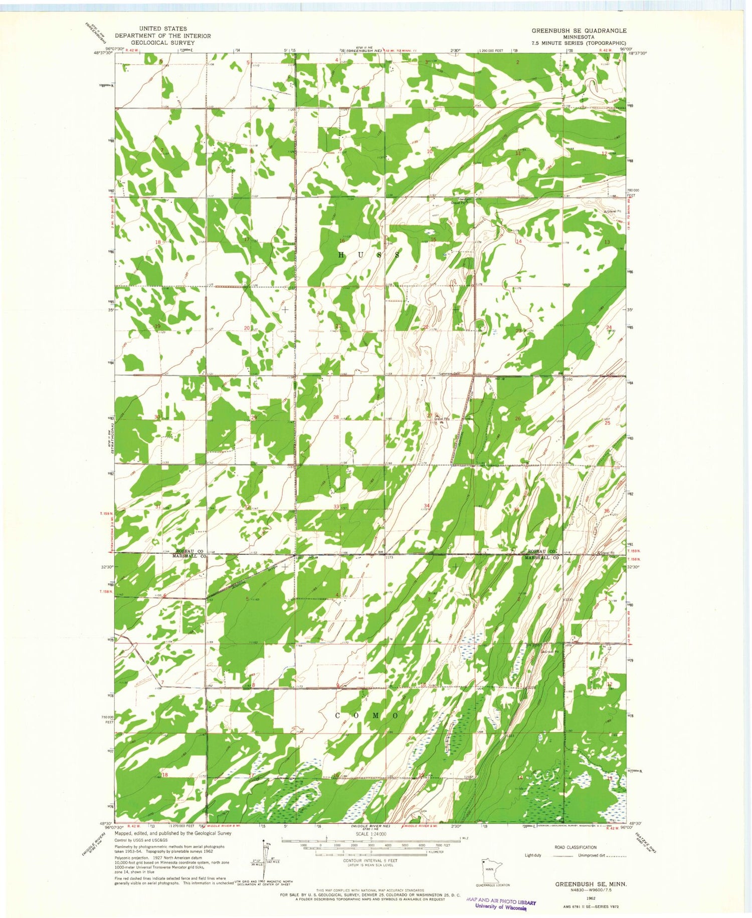 Classic USGS Greenbush SE Minnesota 7.5'x7.5' Topo Map Image