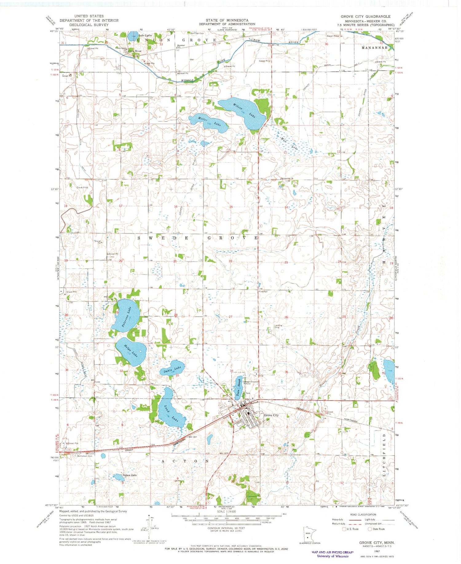 Classic USGS Grove City Minnesota 7.5'x7.5' Topo Map Image