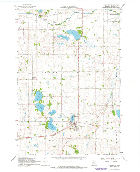 Classic USGS Grove City Minnesota 7.5'x7.5' Topo Map Image