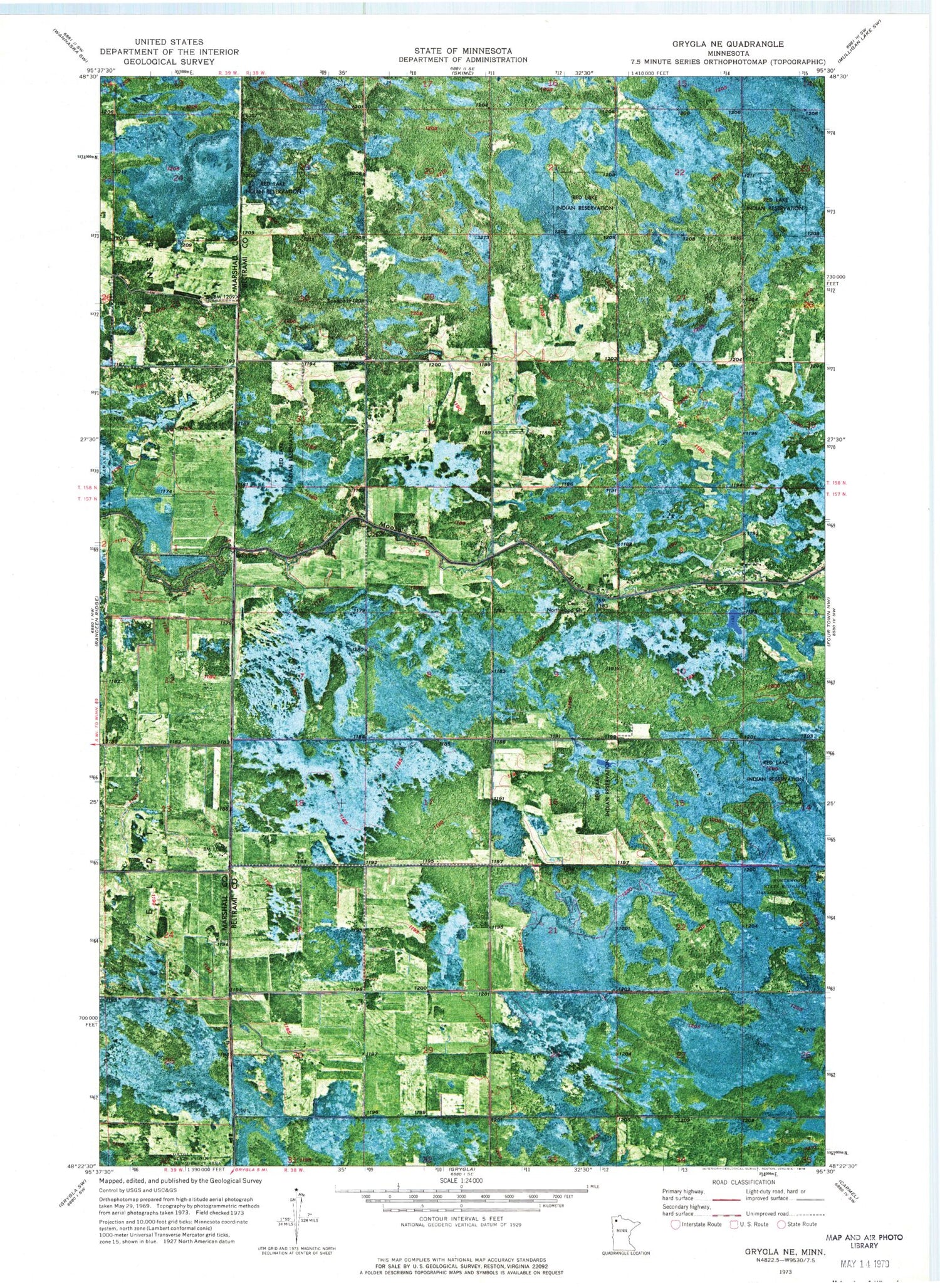 Classic USGS Grygla NE Minnesota 7.5'x7.5' Topo Map Image
