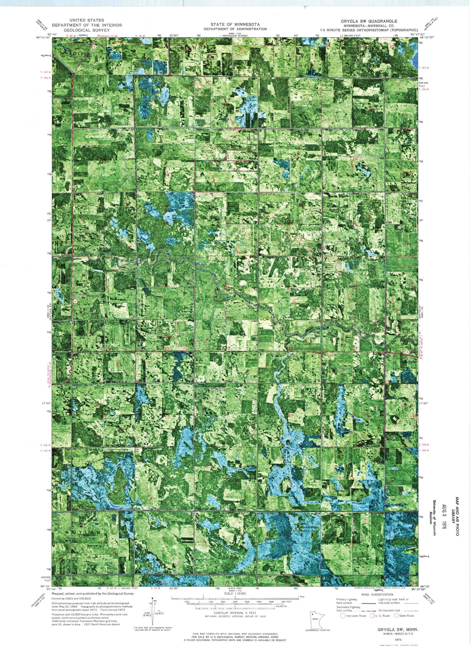 Classic USGS Grygla SW Minnesota 7.5'x7.5' Topo Map Image