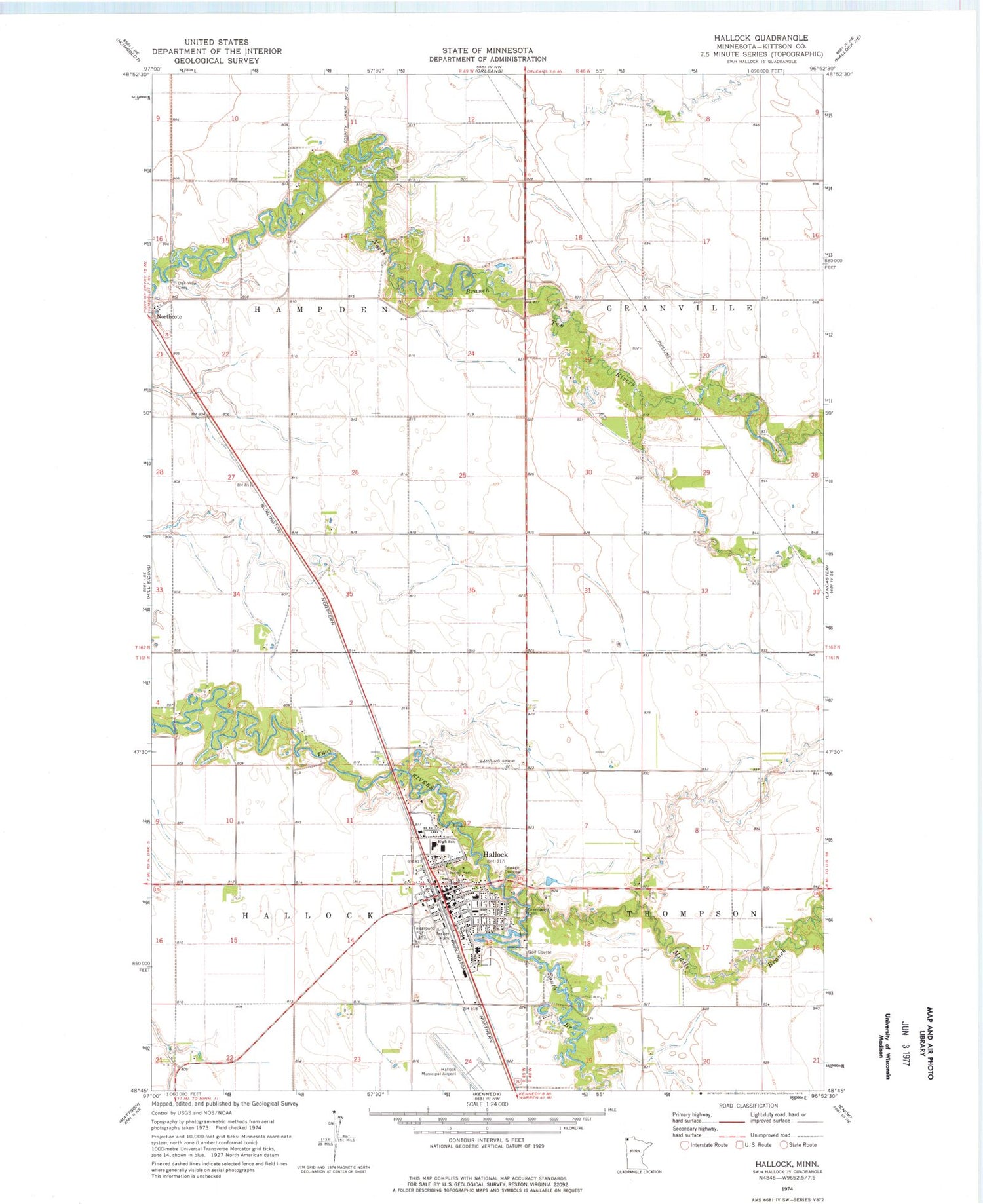 Classic USGS Hallock Minnesota 7.5'x7.5' Topo Map Image