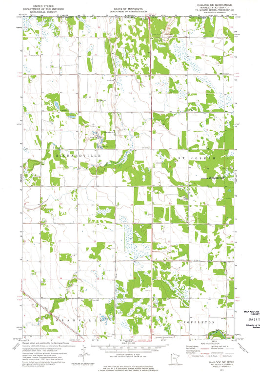 Classic USGS Hallock NE Minnesota 7.5'x7.5' Topo Map Image