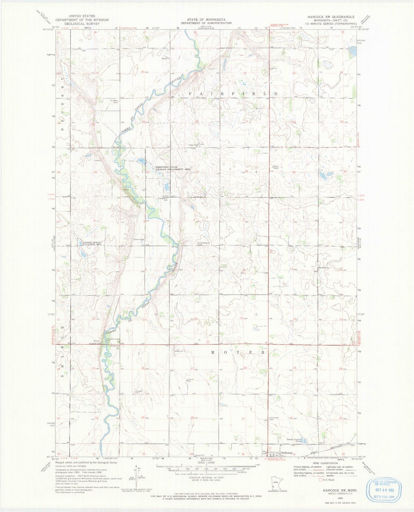 Classic USGS Hancock SW Minnesota 7.5'x7.5' Topo Map Image