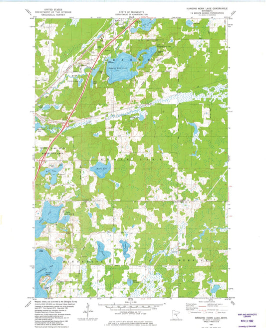 Classic USGS Hanging Horn Lake Minnesota 7.5'x7.5' Topo Map Image