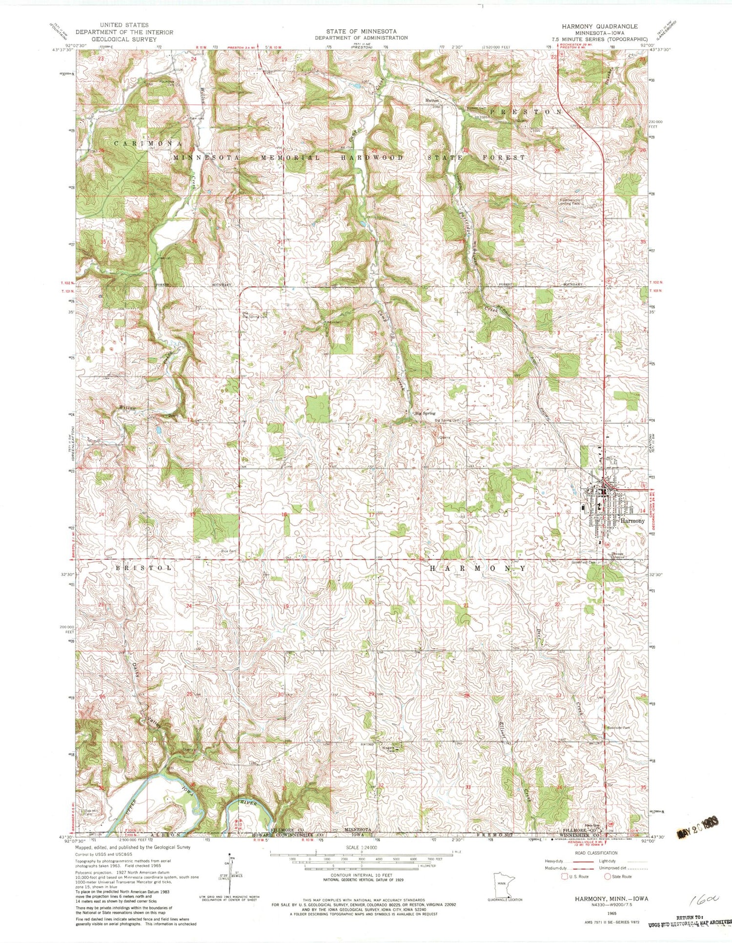 Classic USGS Harmony Minnesota 7.5'x7.5' Topo Map Image