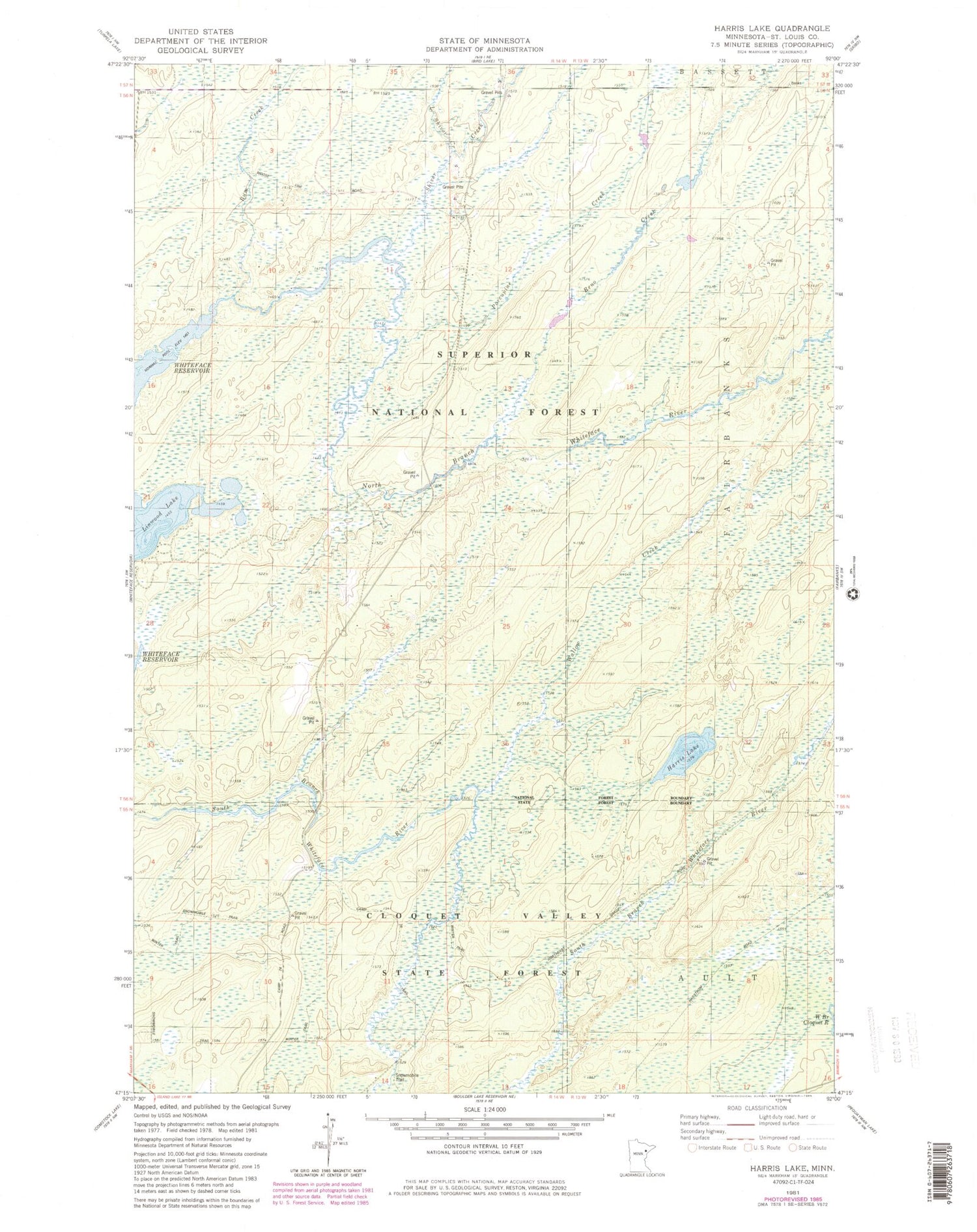 Classic USGS Harris Lake Minnesota 7.5'x7.5' Topo Map Image