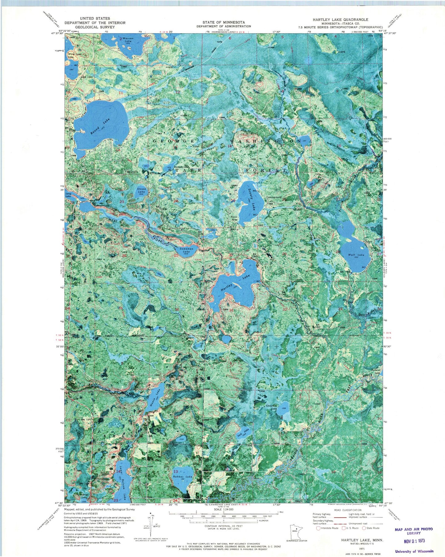 Classic USGS Hartley Lake Minnesota 7.5'x7.5' Topo Map Image
