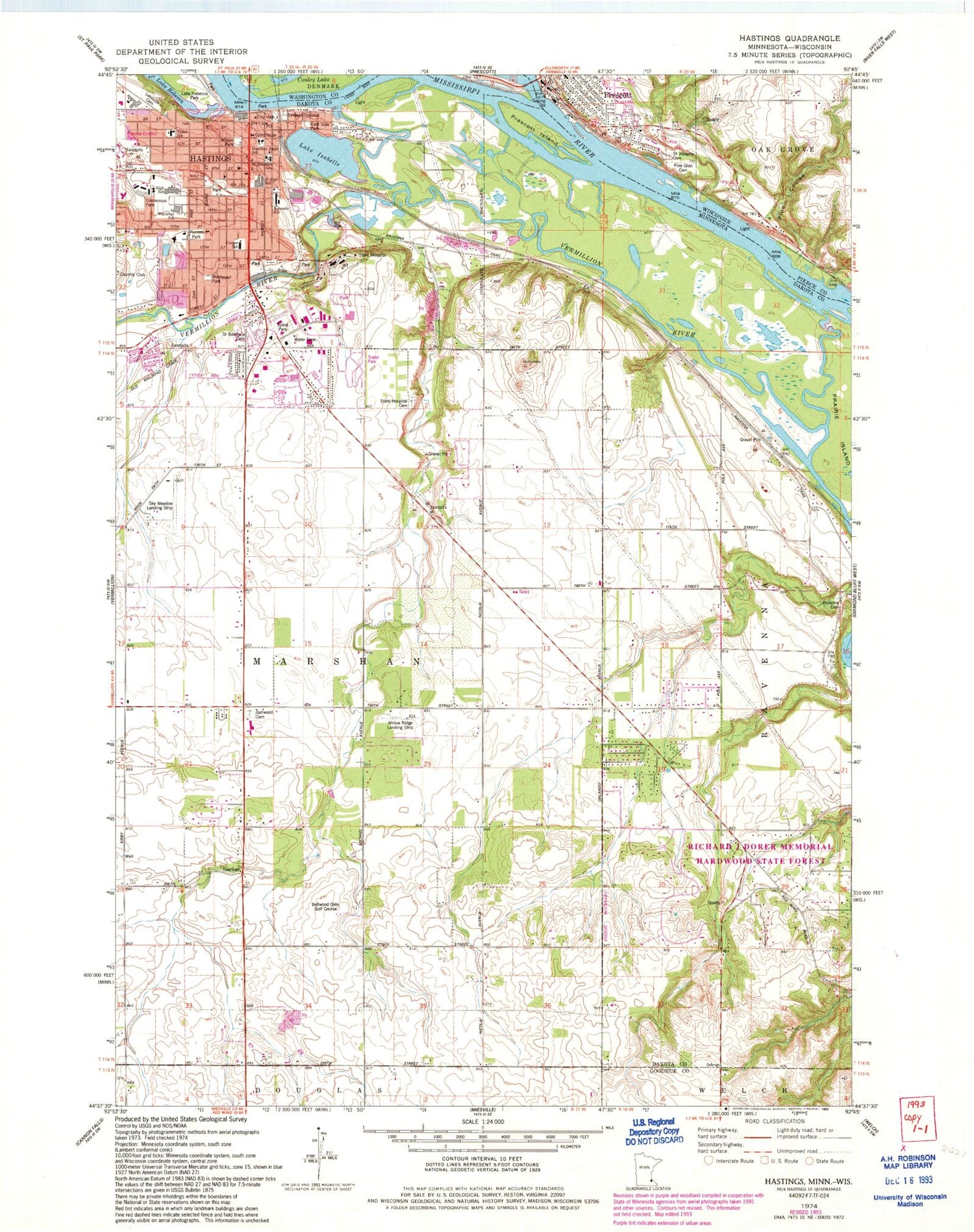 Classic USGS Hastings Minnesota 7.5'x7.5' Topo Map Image