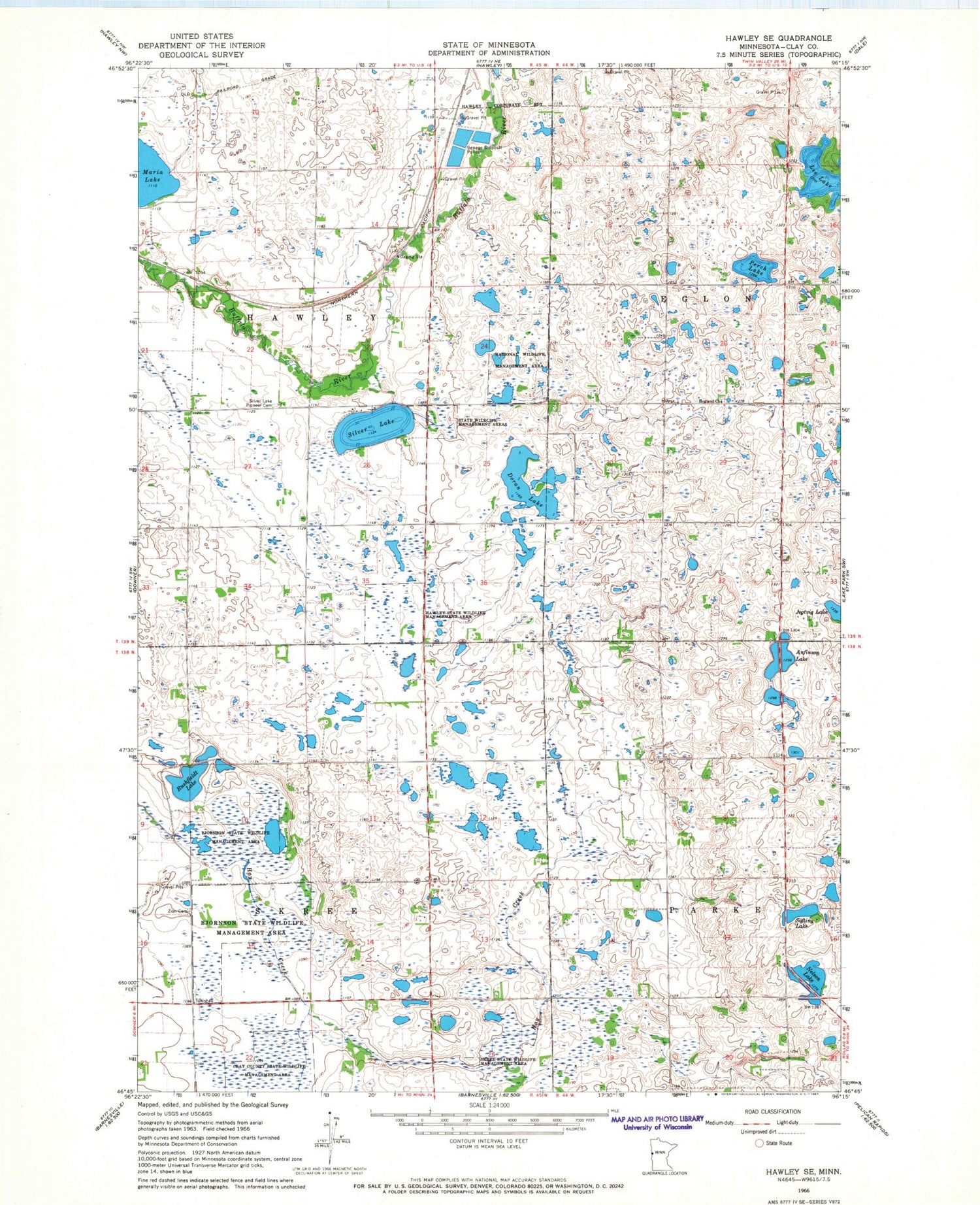 Classic USGS Hawley SE Minnesota 7.5'x7.5' Topo Map Image