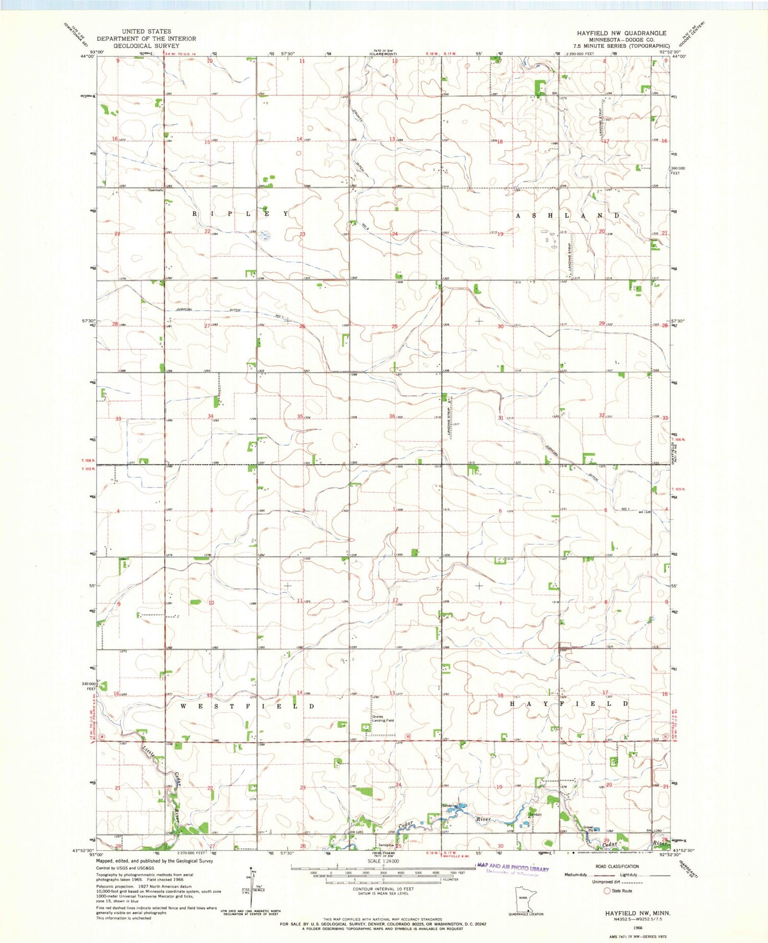 Classic USGS Hayfield NW Minnesota 7.5'x7.5' Topo Map Image