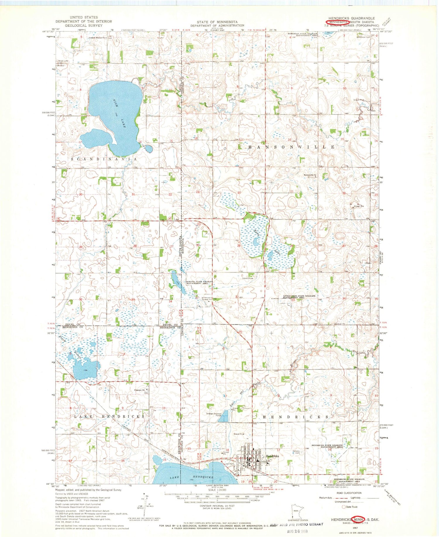 Classic USGS Hendricks Minnesota 7.5'x7.5' Topo Map Image