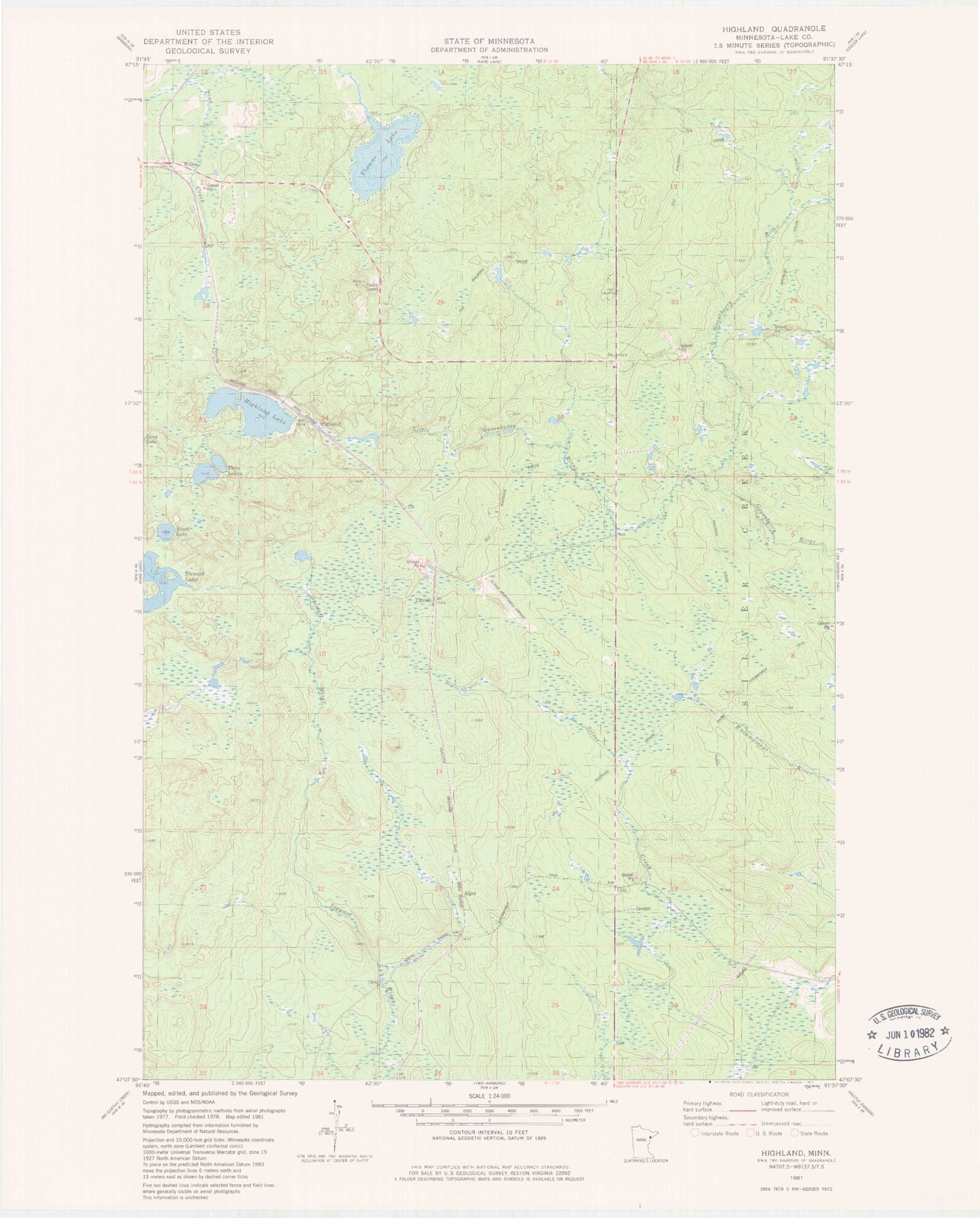 Classic USGS Highland Minnesota 7.5'x7.5' Topo Map Image