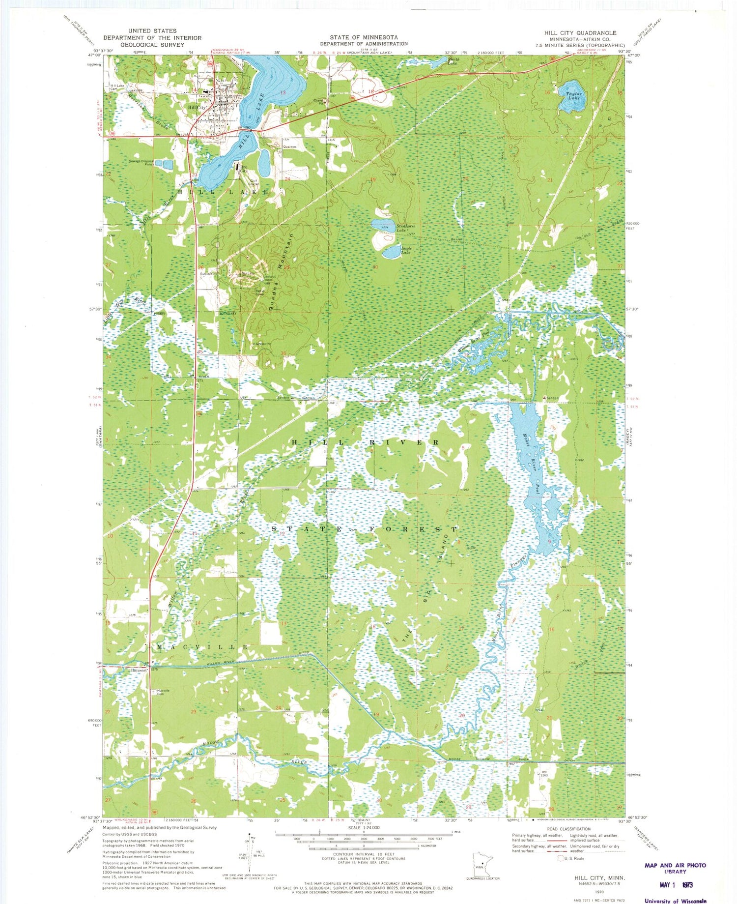 Classic USGS Hill City Minnesota 7.5'x7.5' Topo Map Image