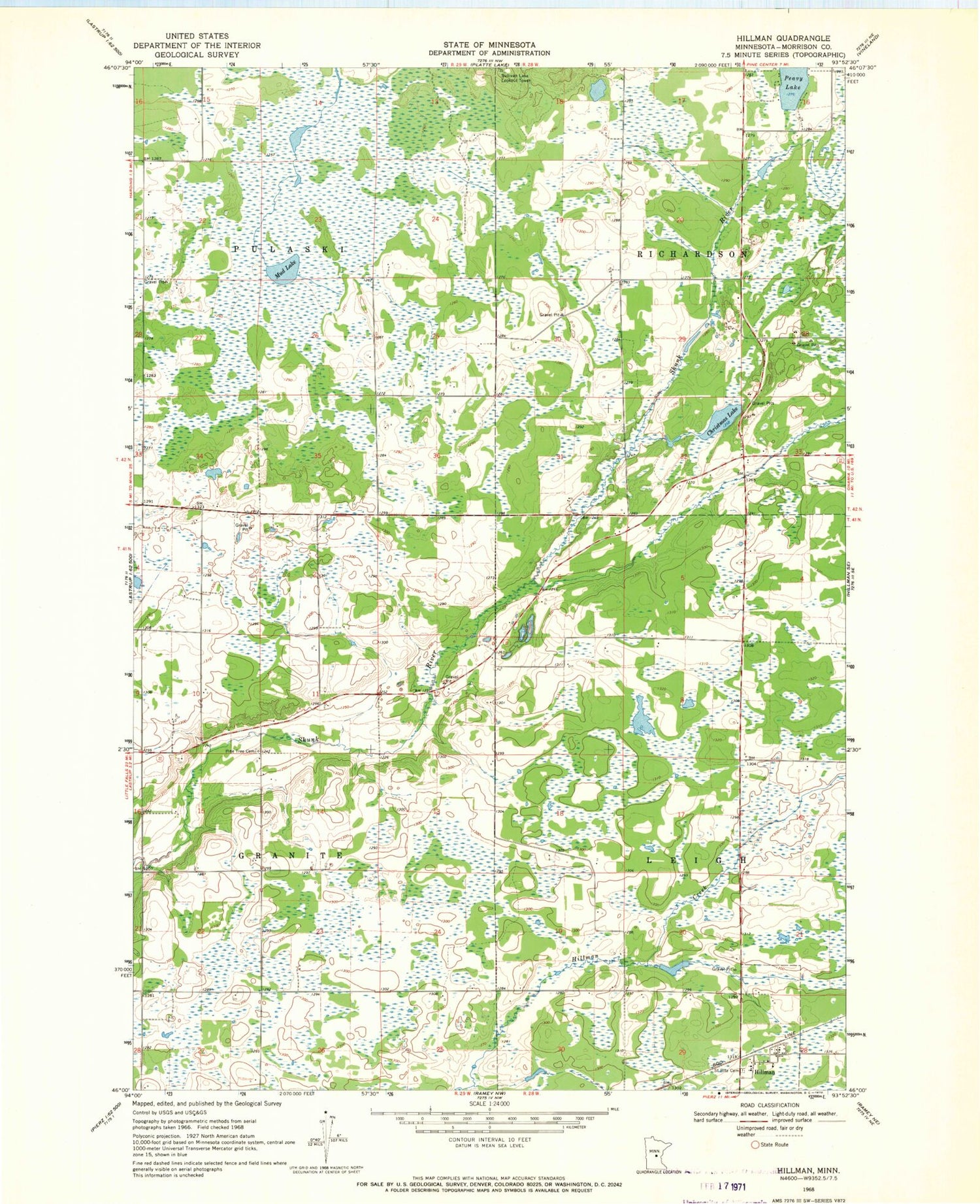 Classic USGS Hillman Minnesota 7.5'x7.5' Topo Map Image