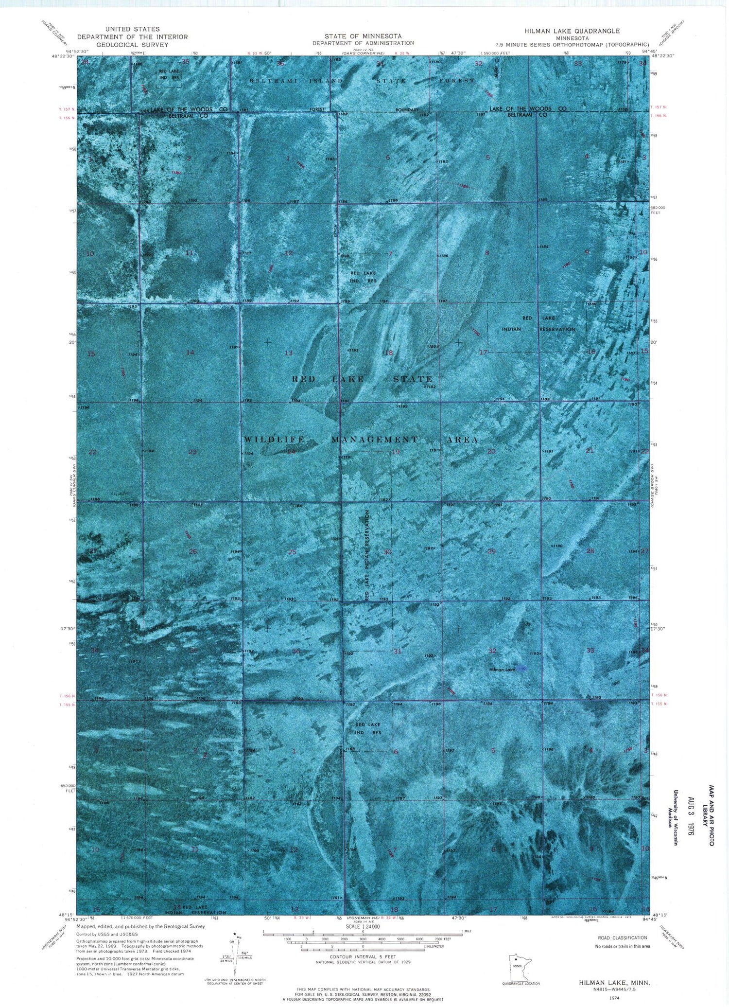 Classic USGS Hilman Lake Minnesota 7.5'x7.5' Topo Map Image