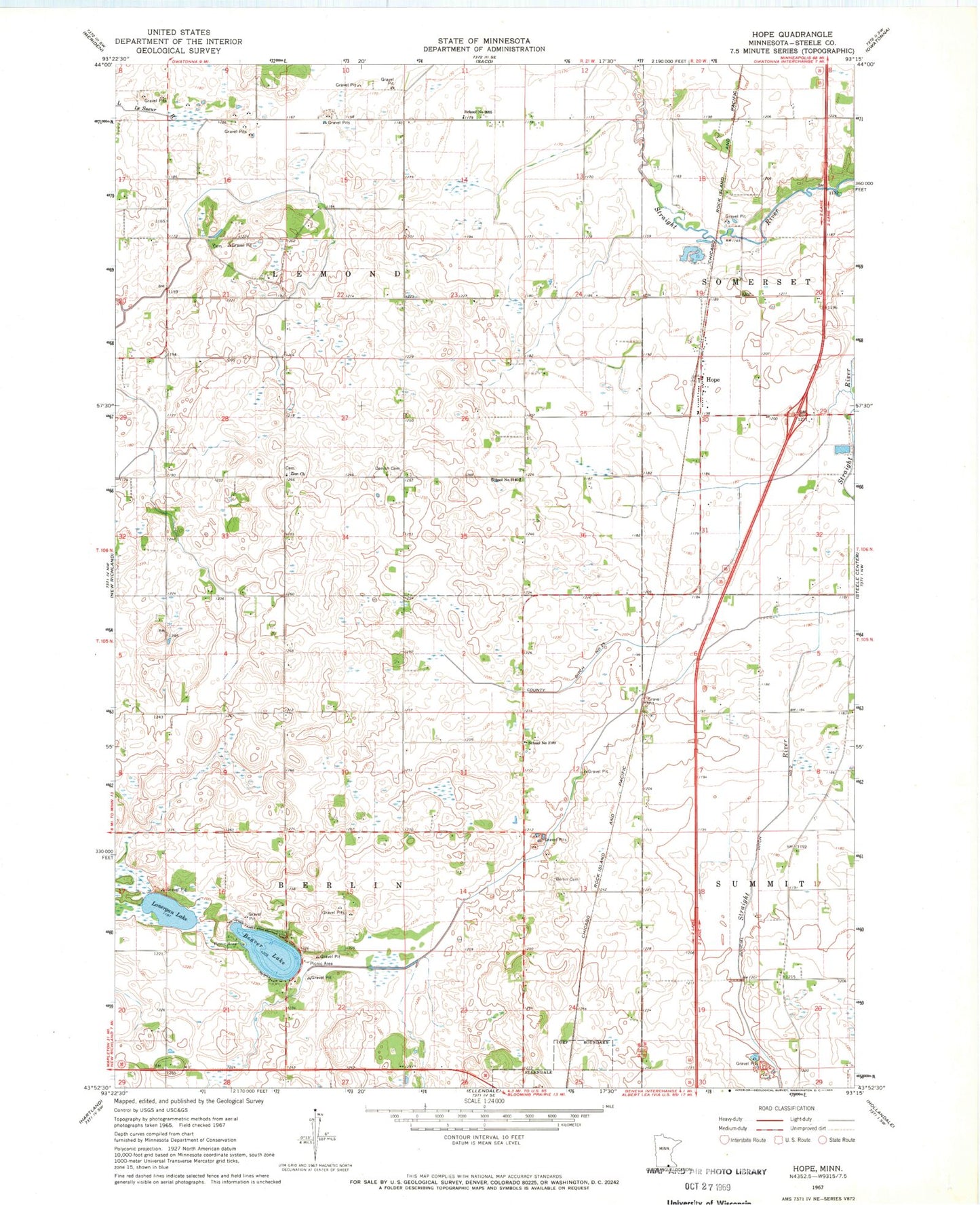 Classic USGS Hope Minnesota 7.5'x7.5' Topo Map Image