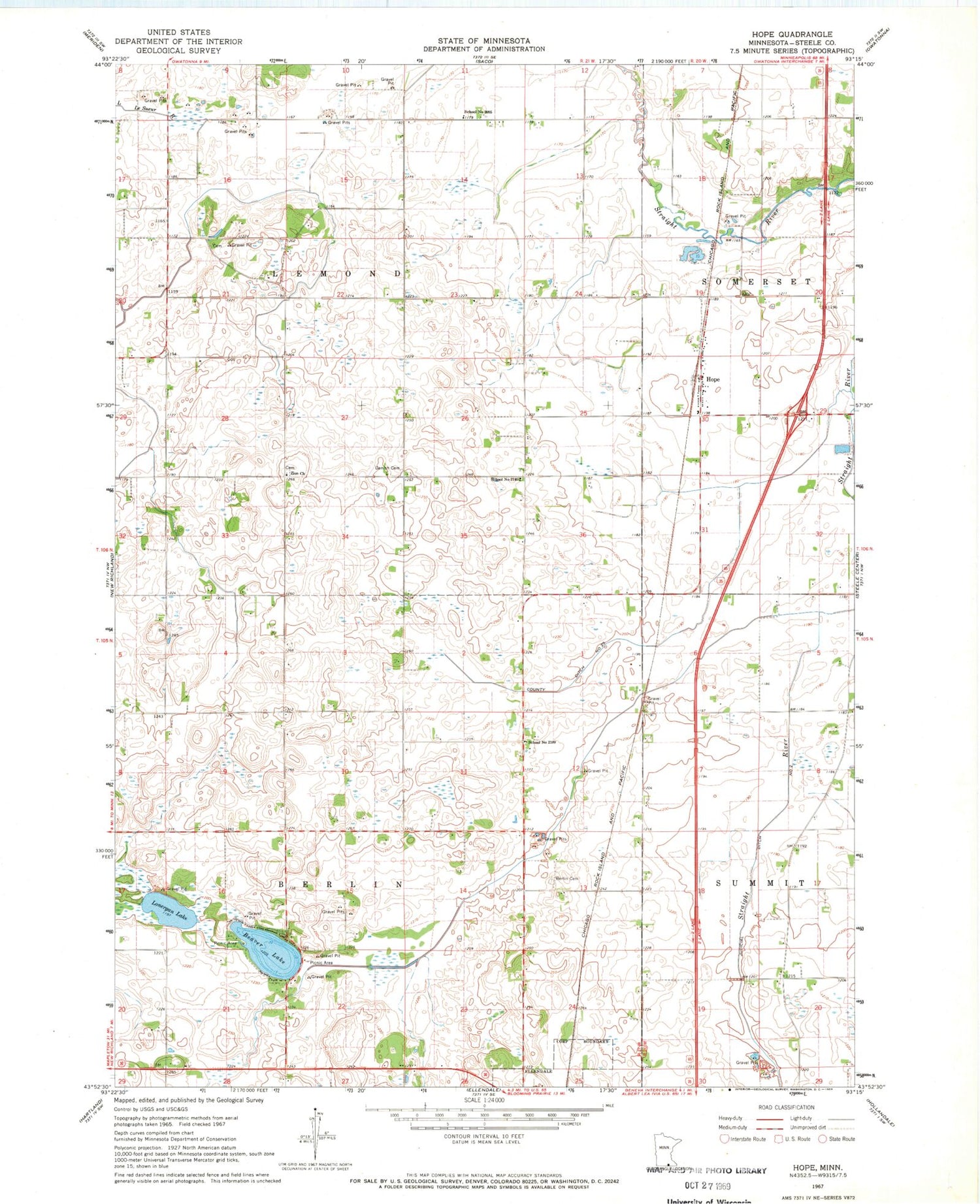 Classic USGS Hope Minnesota 7.5'x7.5' Topo Map Image