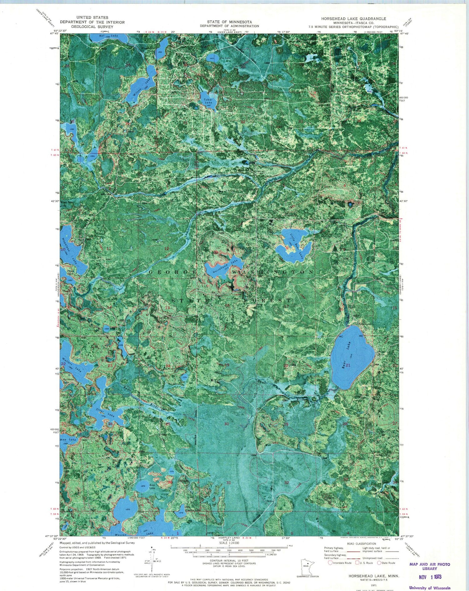 Classic USGS Horsehead Lake Minnesota 7.5'x7.5' Topo Map Image