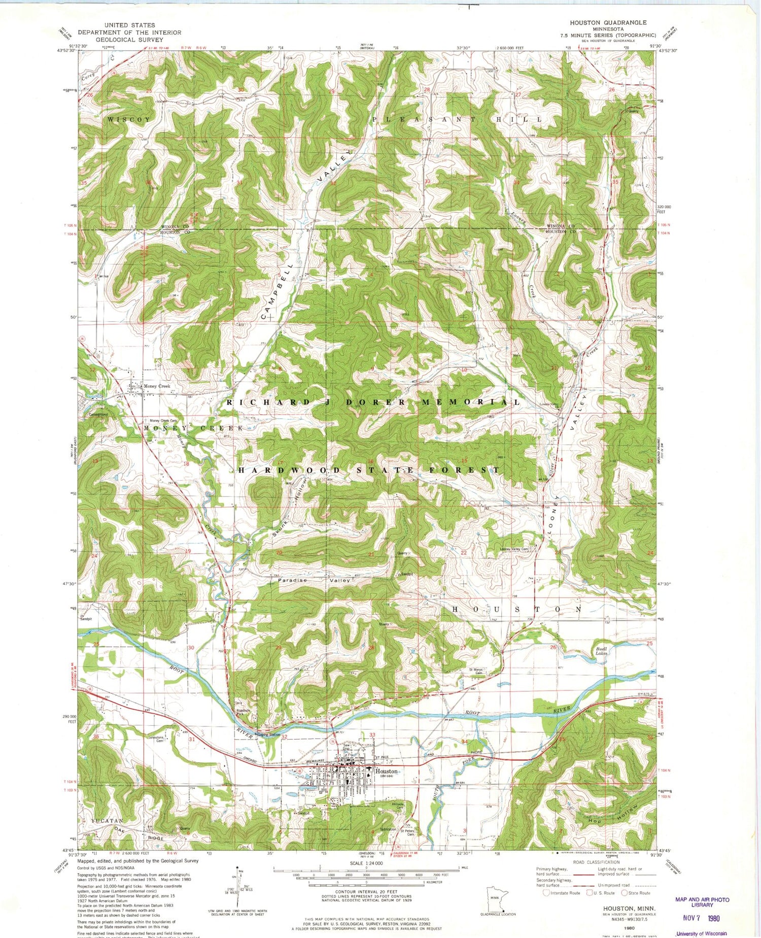 Classic USGS Houston Minnesota 7.5'x7.5' Topo Map Image