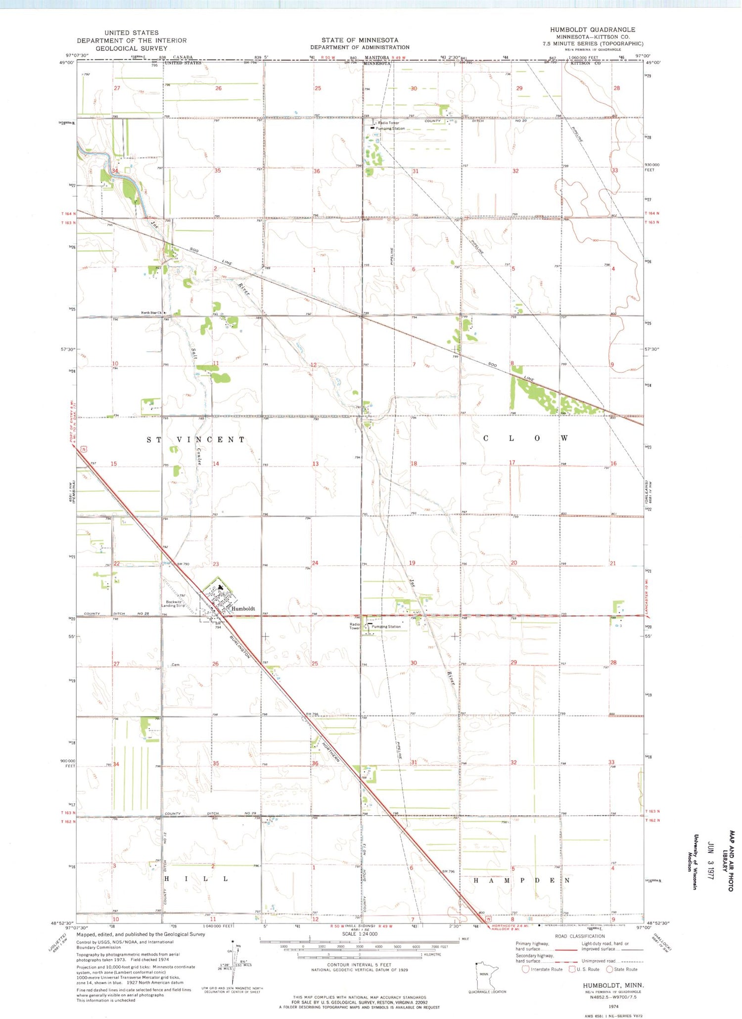 Classic USGS Humboldt Minnesota 7.5'x7.5' Topo Map Image