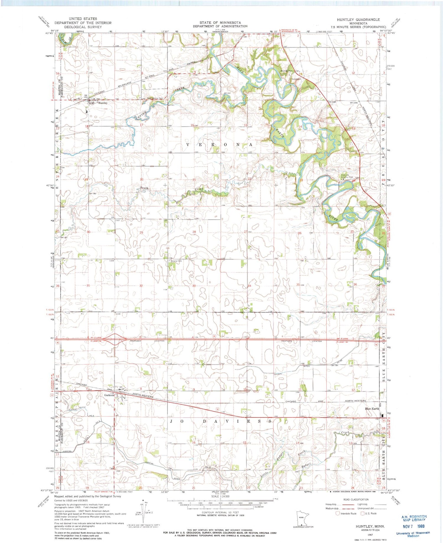 Classic USGS Huntley Minnesota 7.5'x7.5' Topo Map Image