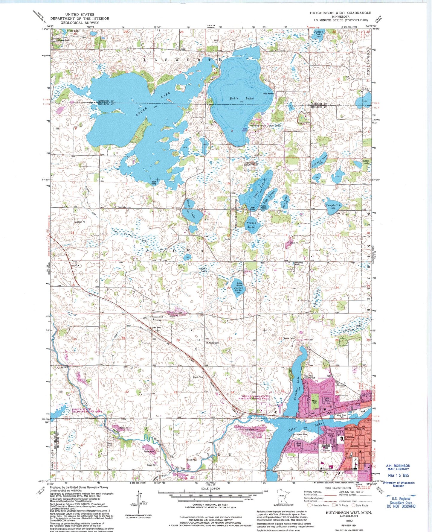 Classic USGS Hutchinson West Minnesota 7.5'x7.5' Topo Map Image