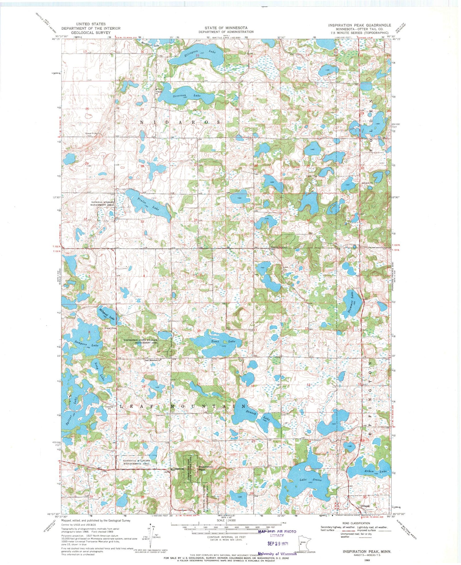 Classic USGS Inspiration Peak Minnesota 7.5'x7.5' Topo Map Image