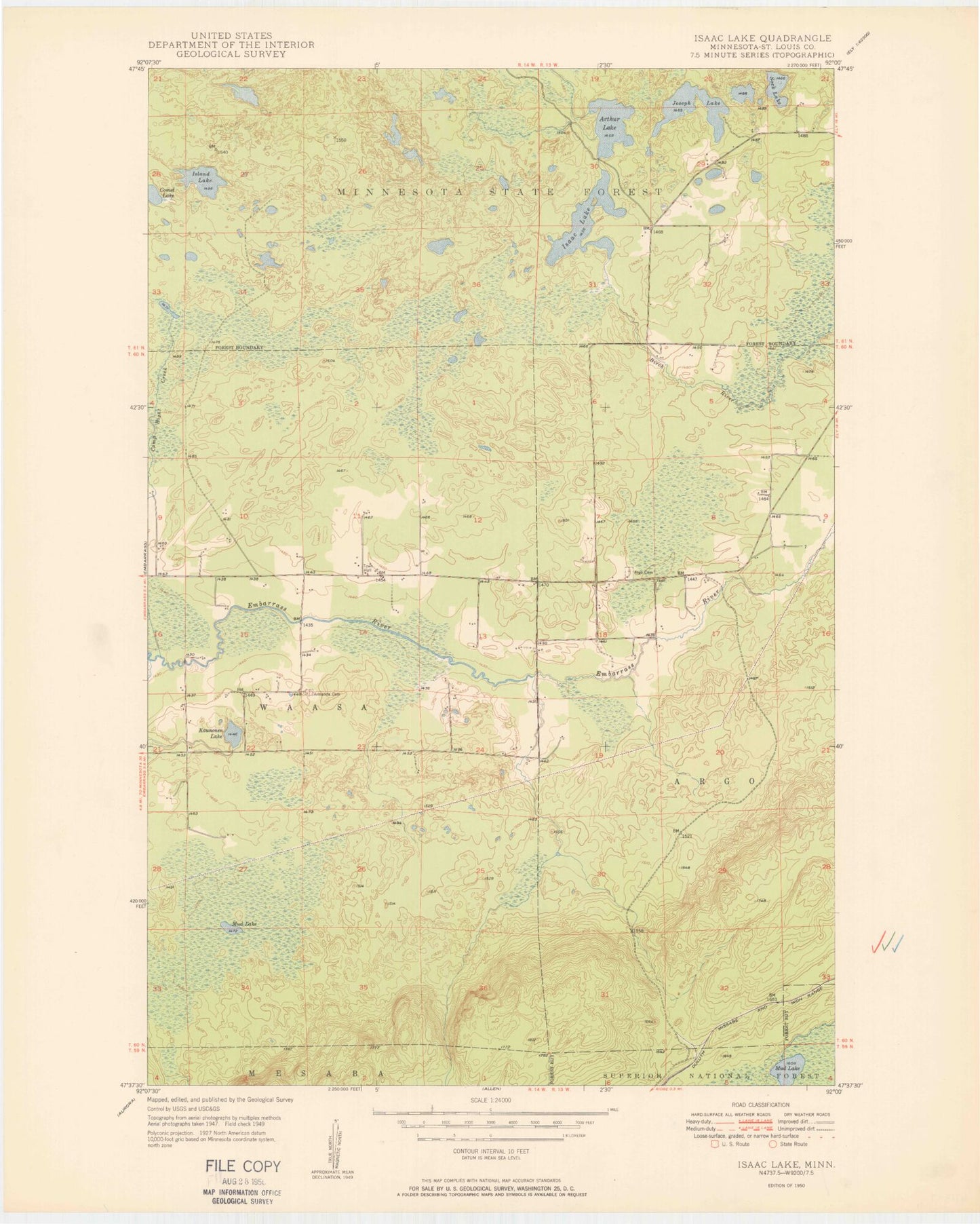 Classic USGS Isaac Lake Minnesota 7.5'x7.5' Topo Map Image