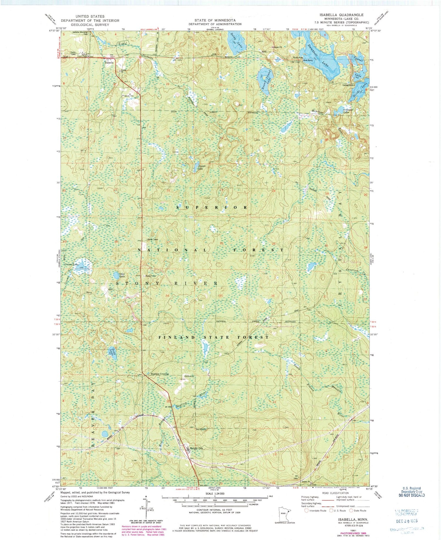 Classic USGS Isabella Minnesota 7.5'x7.5' Topo Map Image