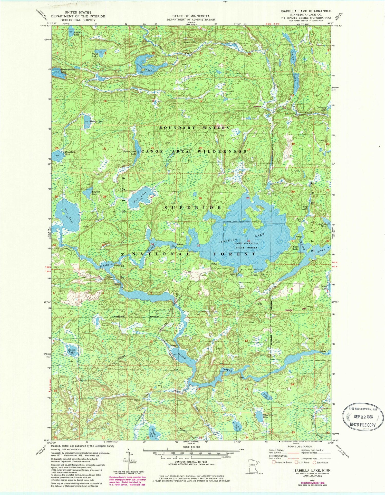 Classic USGS Isabella Lake Minnesota 7.5'x7.5' Topo Map Image