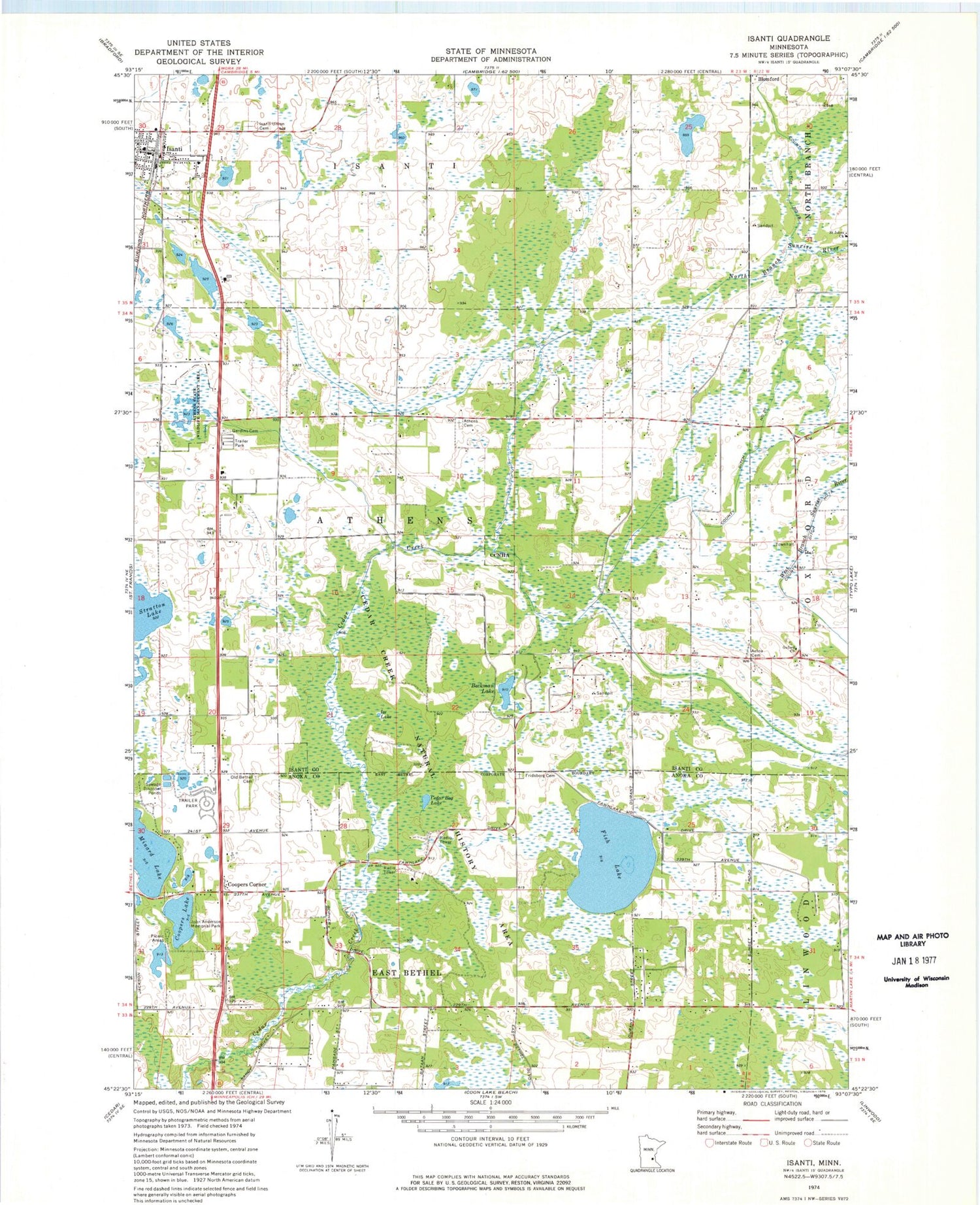 Classic USGS Isanti Minnesota 7.5'x7.5' Topo Map Image