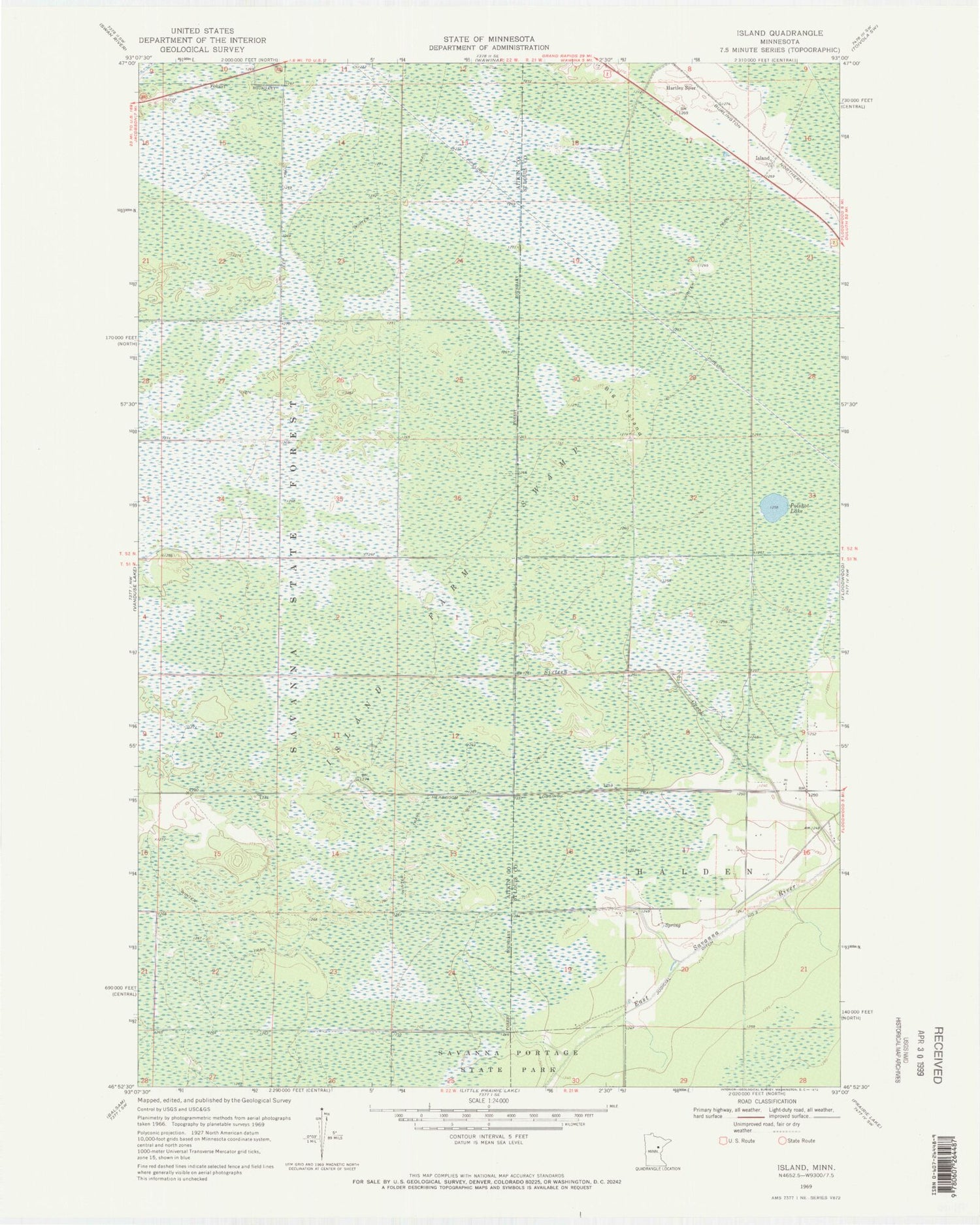 Classic USGS Island Minnesota 7.5'x7.5' Topo Map Image