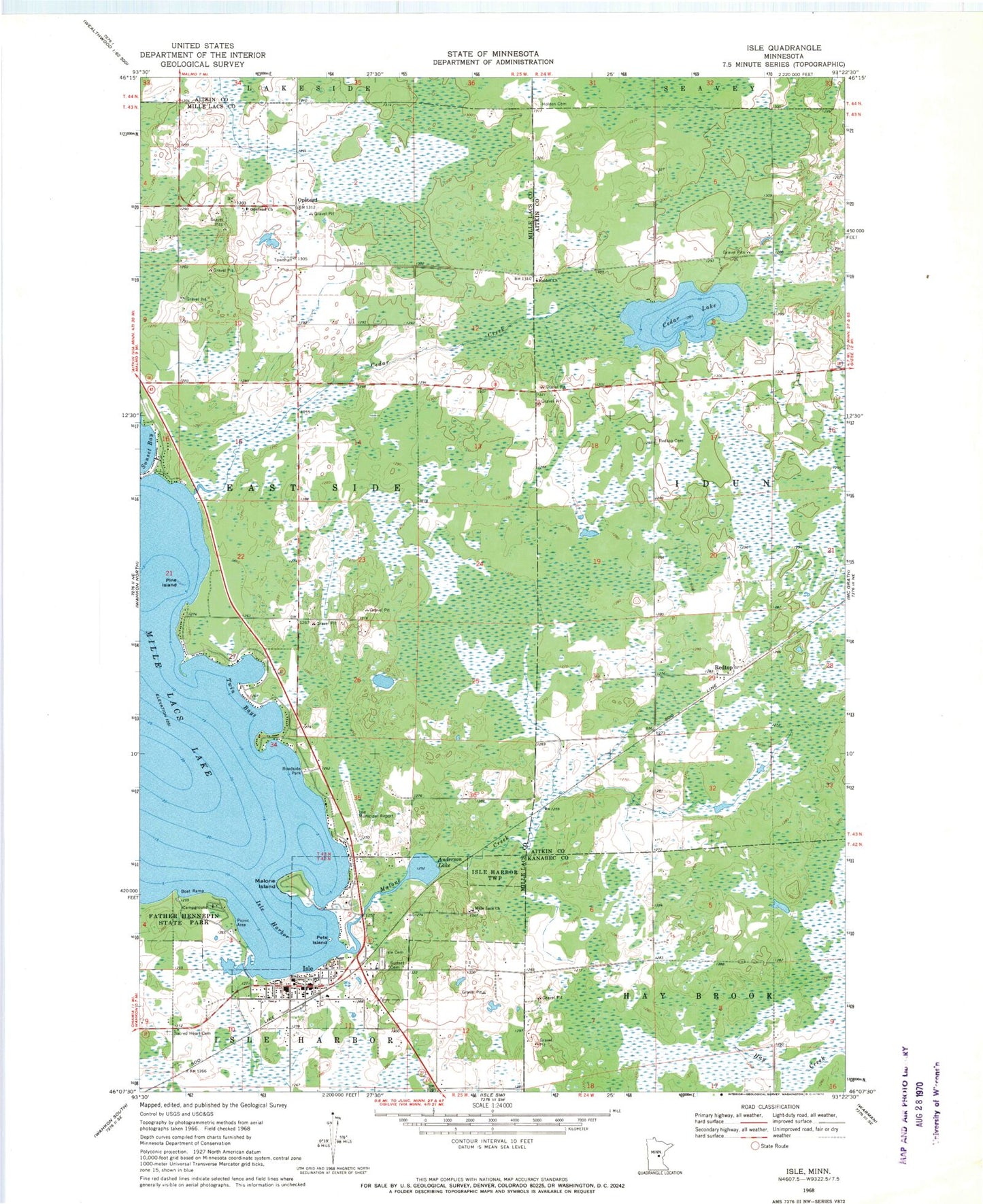 Classic USGS Isle Minnesota 7.5'x7.5' Topo Map Image