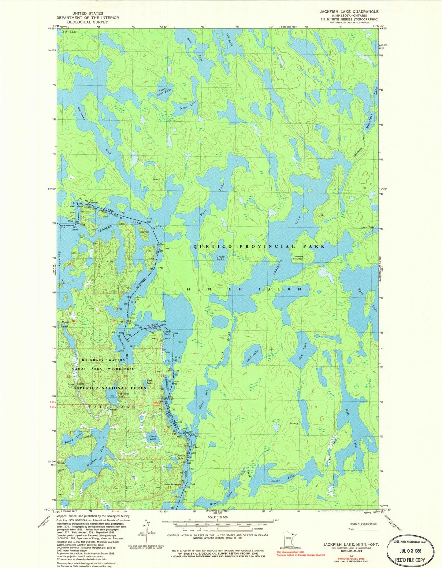 Classic USGS Jackfish Lake Minnesota 7.5'x7.5' Topo Map Image