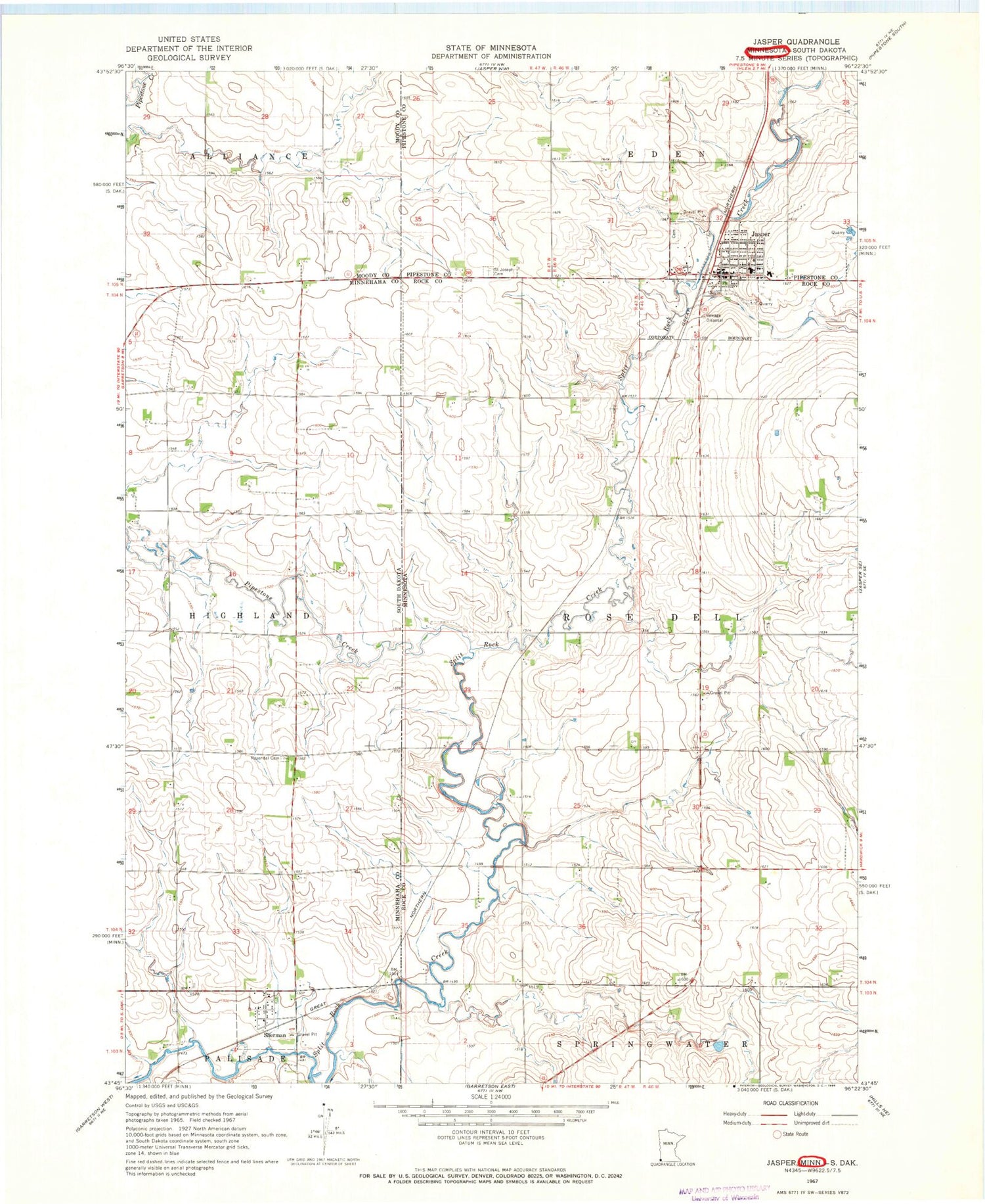 Classic USGS Jasper Minnesota 7.5'x7.5' Topo Map Image