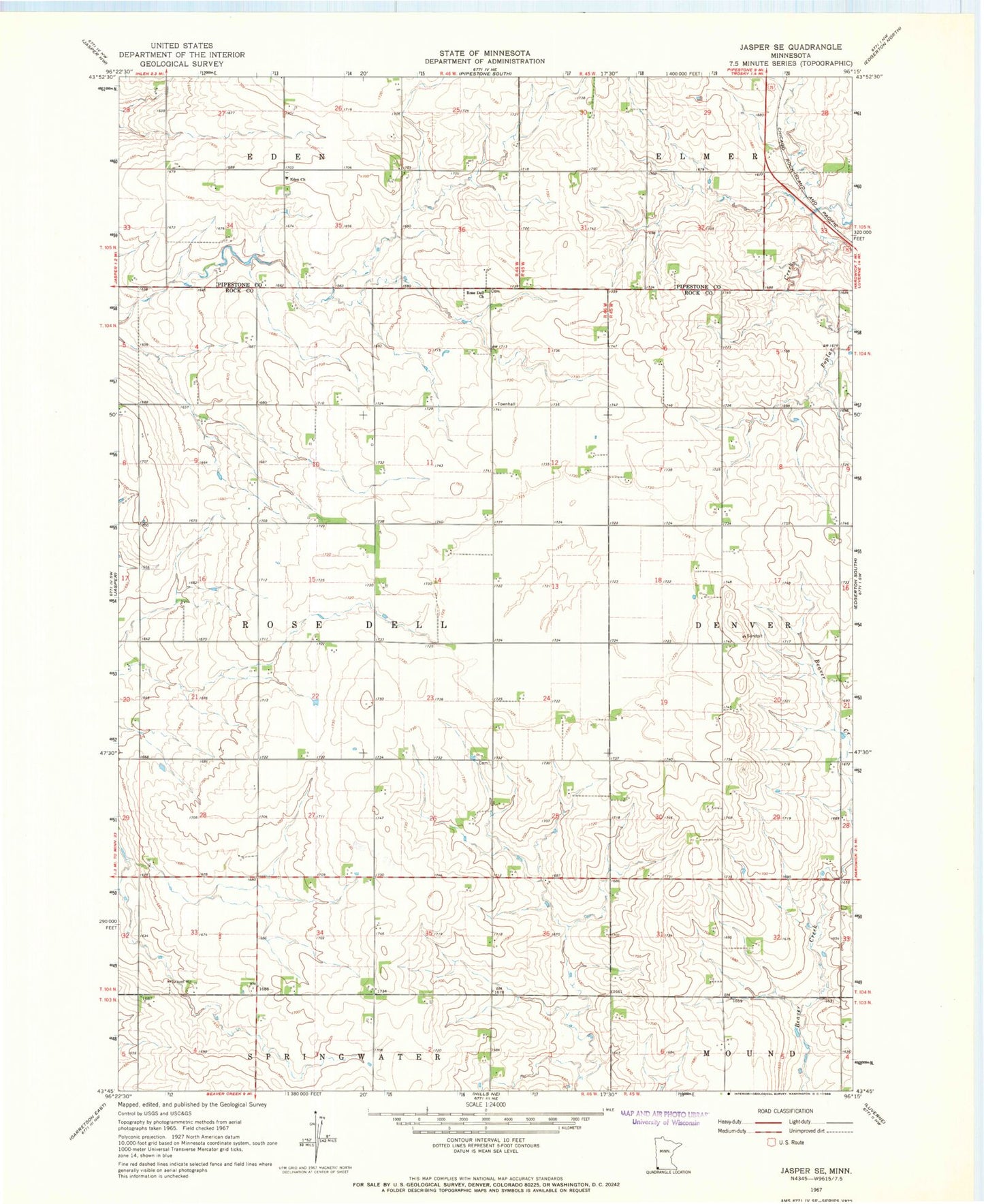 Classic USGS Jasper SE Minnesota 7.5'x7.5' Topo Map Image