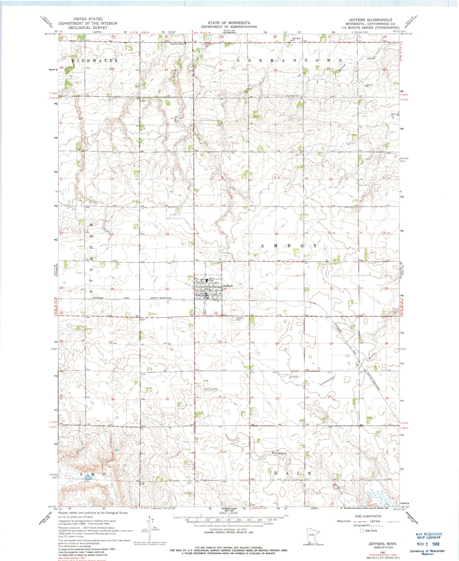 Classic USGS Jeffers Minnesota 7.5'x7.5' Topo Map Image