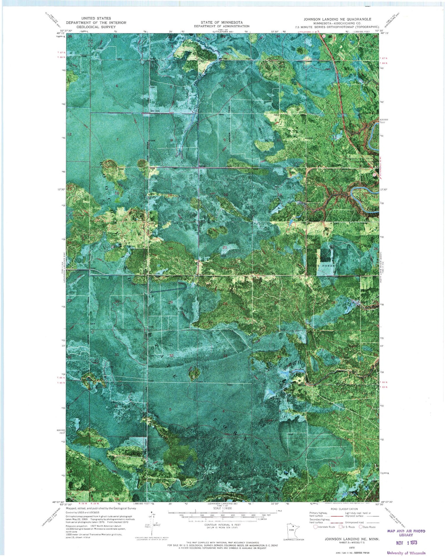 Classic USGS Johnson Landing NE Minnesota 7.5'x7.5' Topo Map Image