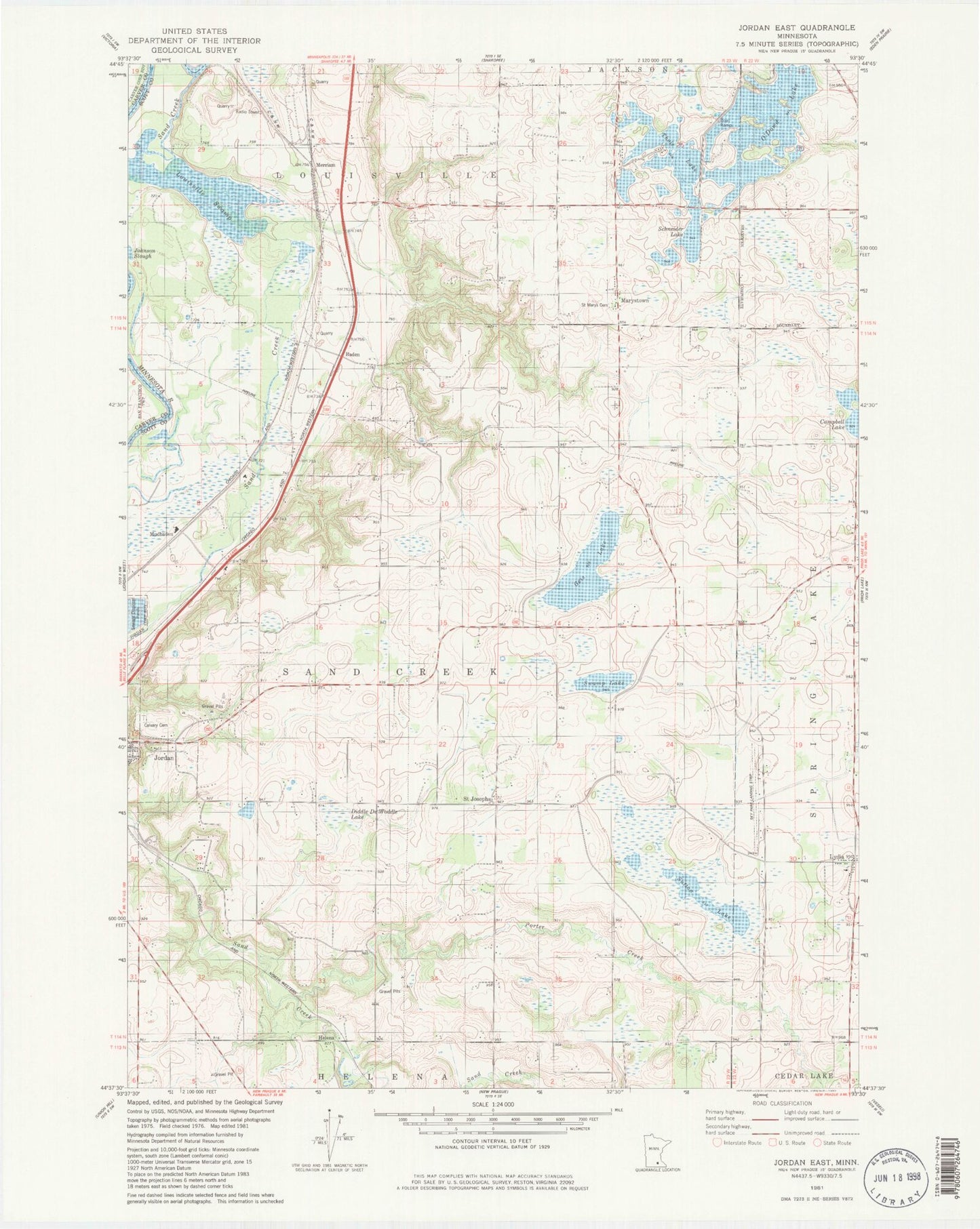 Classic USGS Jordan East Minnesota 7.5'x7.5' Topo Map Image