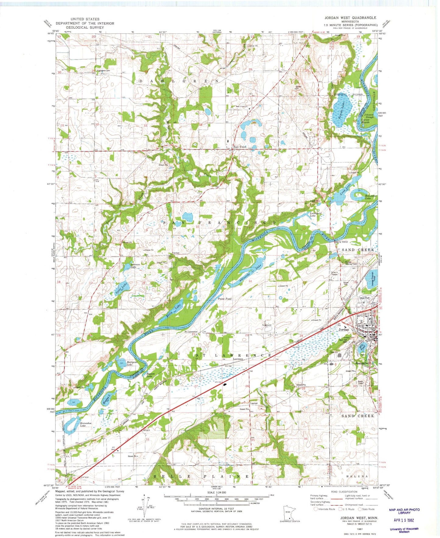 Classic USGS Jordan West Minnesota 7.5'x7.5' Topo Map Image
