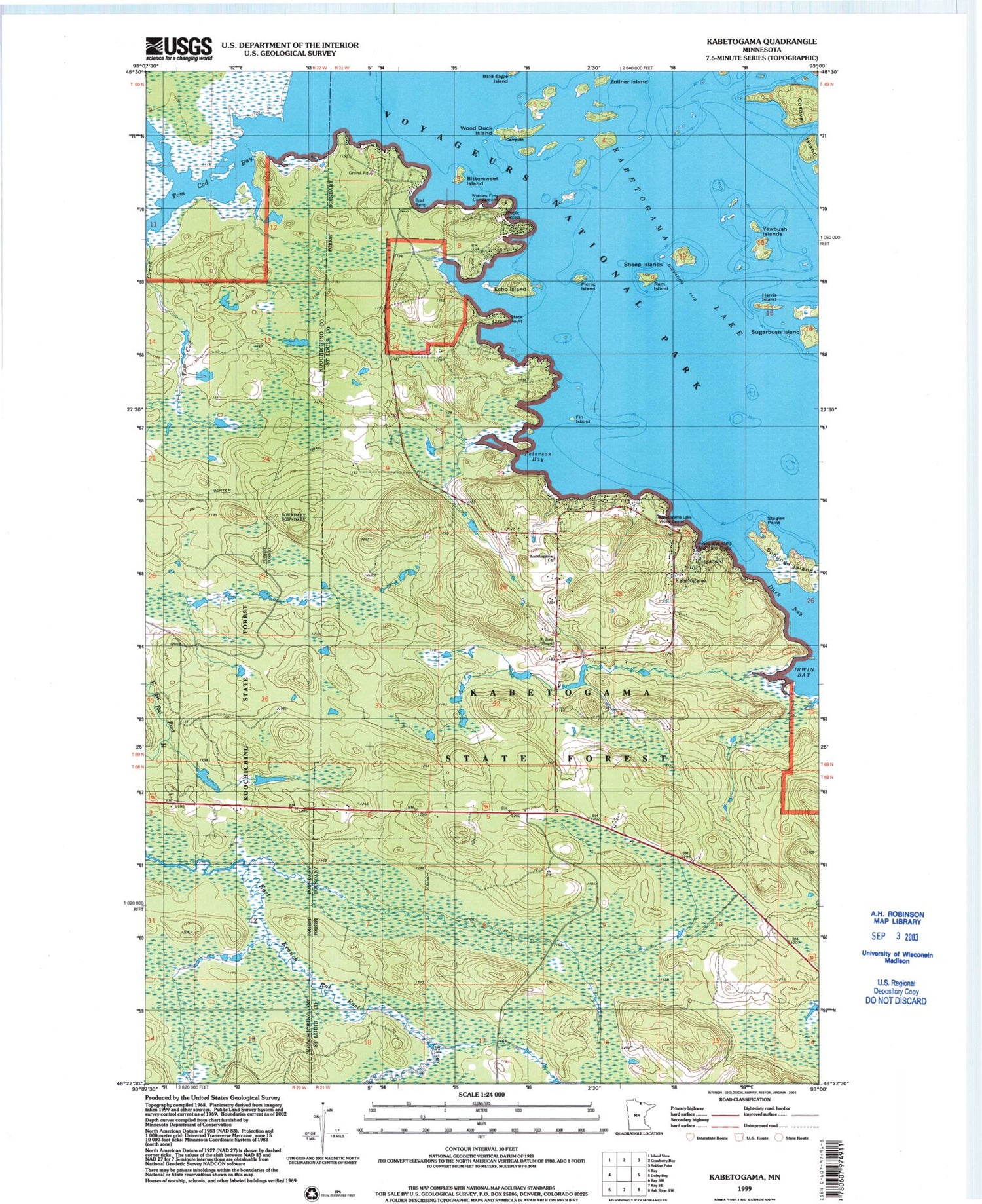Classic USGS Kabetogama Minnesota 7.5'x7.5' Topo Map Image