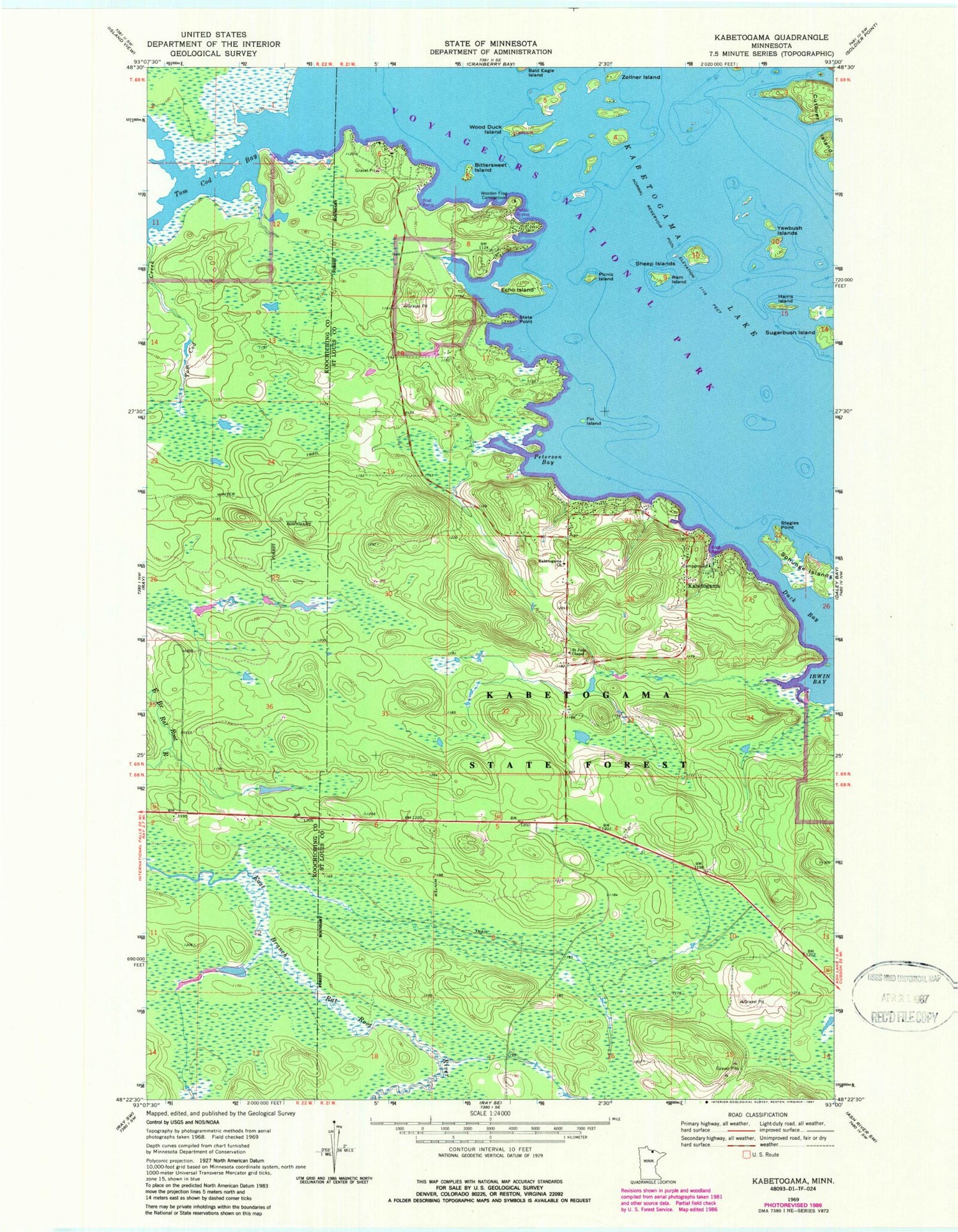 Classic USGS Kabetogama Minnesota 7.5'x7.5' Topo Map Image