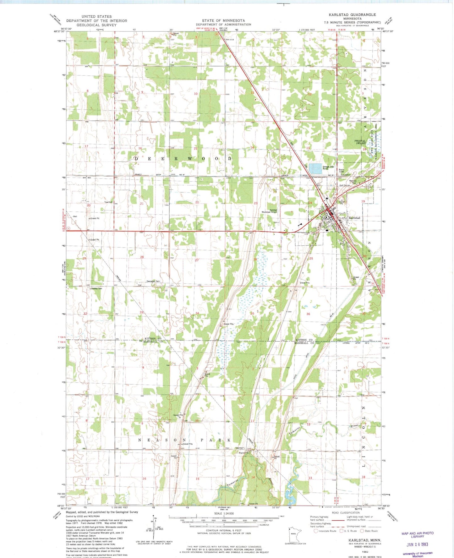 Classic USGS Karlstad Minnesota 7.5'x7.5' Topo Map Image