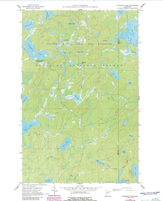 Classic USGS Kawishiwi Lake Minnesota 7.5'x7.5' Topo Map Image