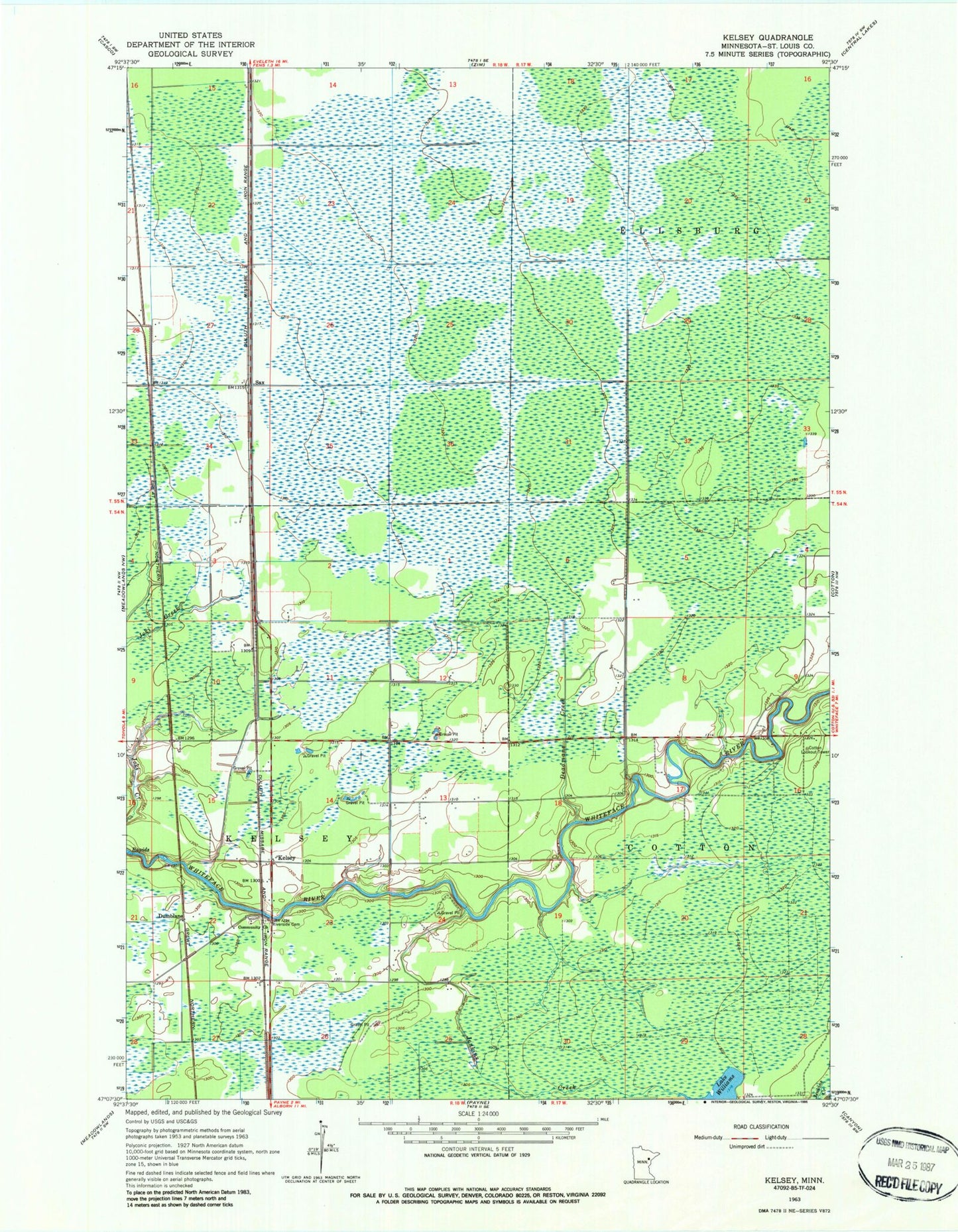 Classic USGS Kelsey Minnesota 7.5'x7.5' Topo Map Image