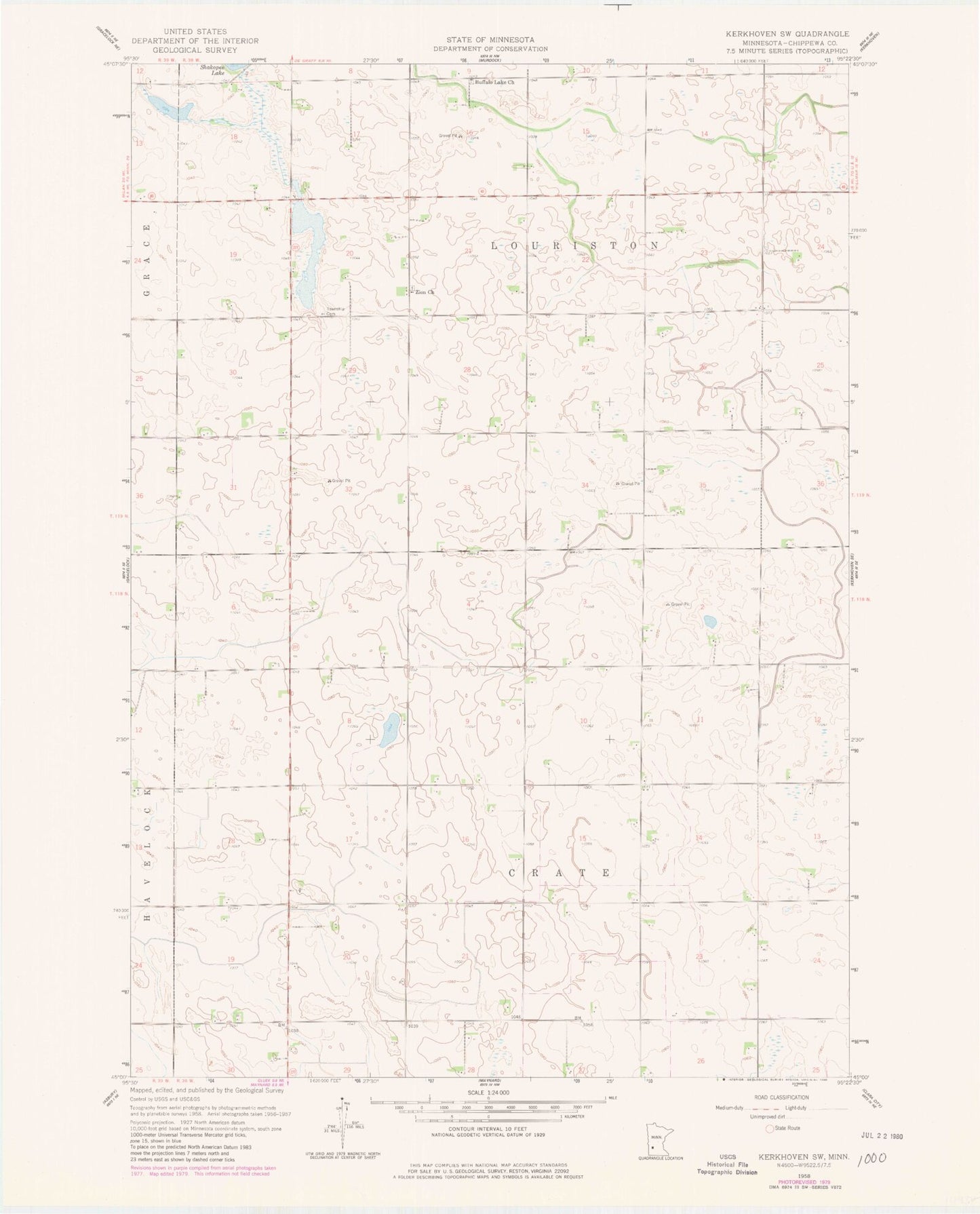 Classic USGS Kerkhoven SW Minnesota 7.5'x7.5' Topo Map Image